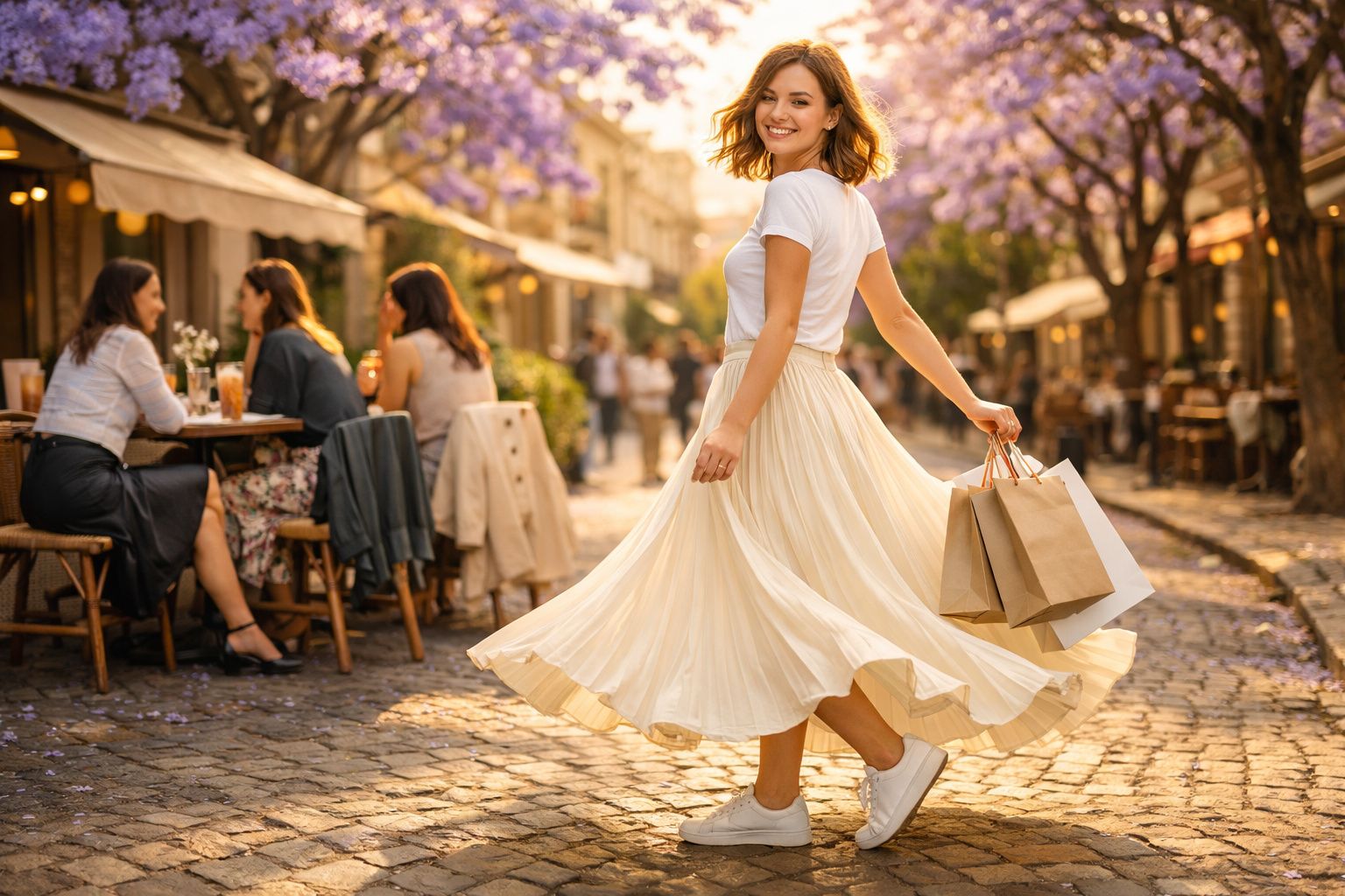 Mulher sorridente com vestido rodado e sacolas de compras em rua arborizada com jacarandás florescendo.