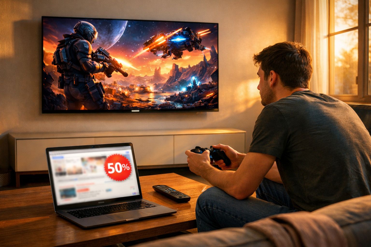 Homem jogando videogame de ação na televisão com laptop aberto mostrando desconto de 50% à sua frente.
