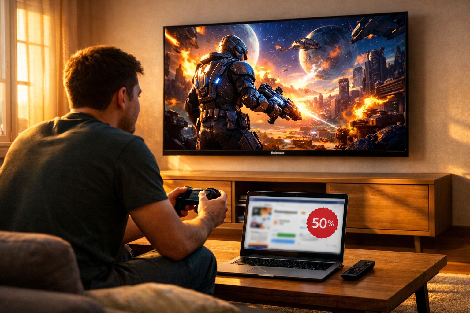 Homem sentado no sofá jogando videogame em TV grande com laptop mostrando desconto de 50% na mesa.