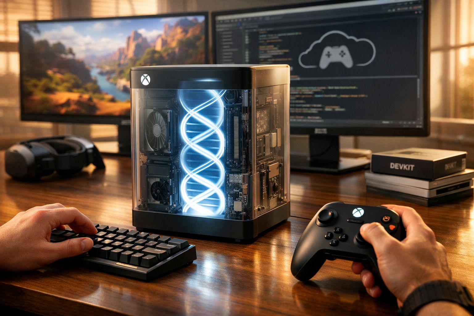 Console Xbox transparente com hélice de luz azul, teclado, controle e monitores em mesa de madeira.