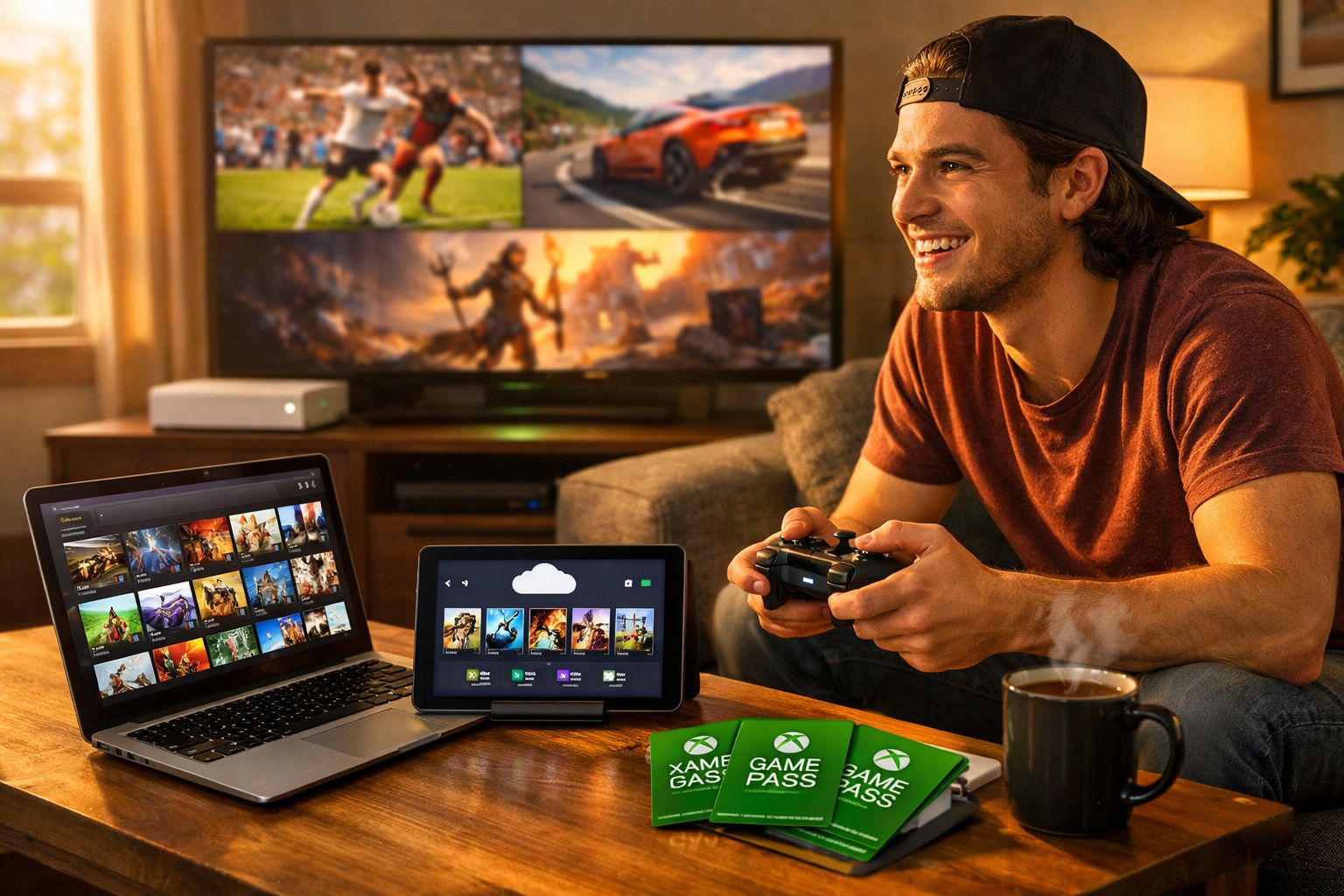 Jovem sorridente jogando videogame com controles, notebook, tablet e cartões Game Pass na mesa.