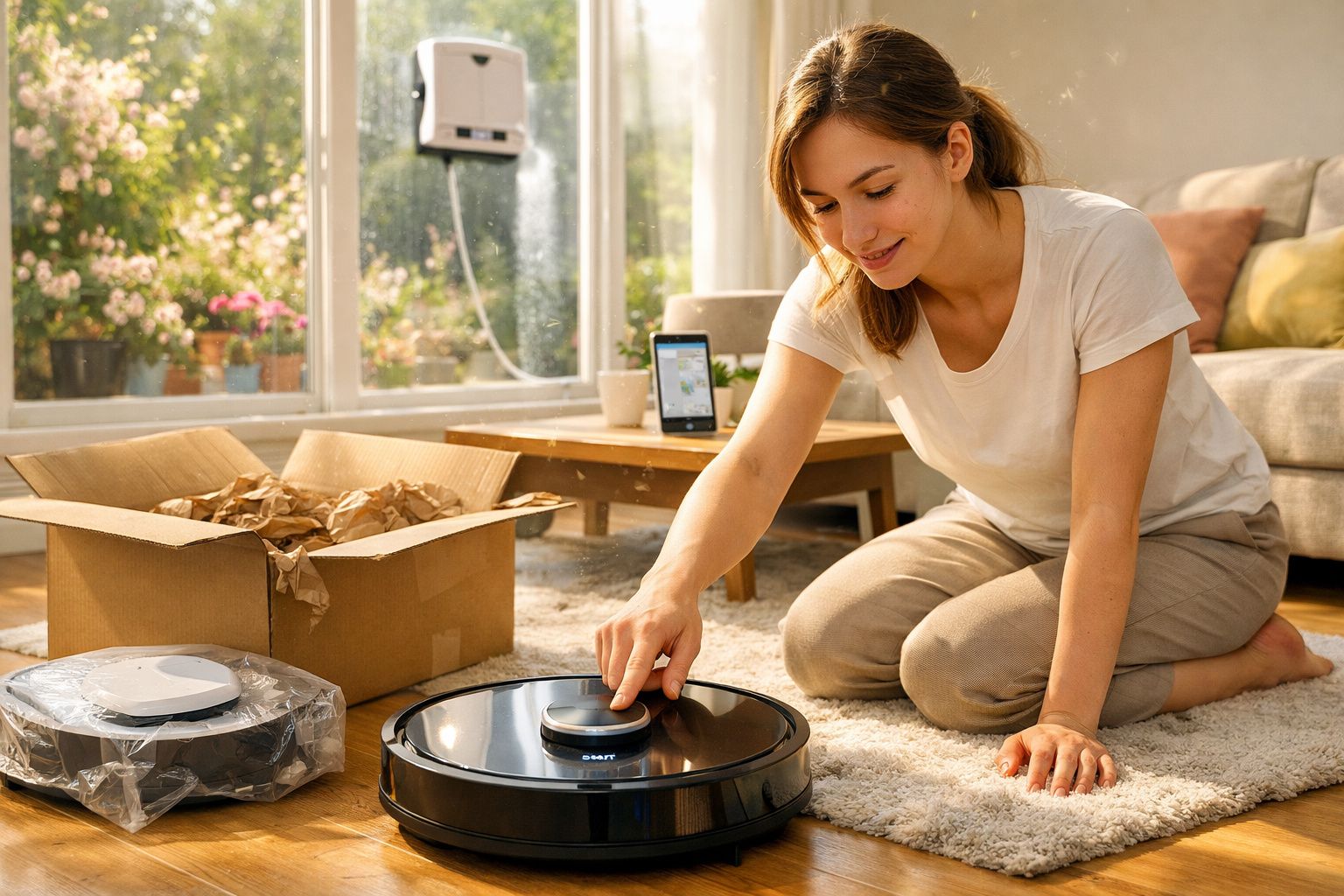 Mulher sentada no tapete, ajustando aspirador robô em sala iluminada por luz natural.