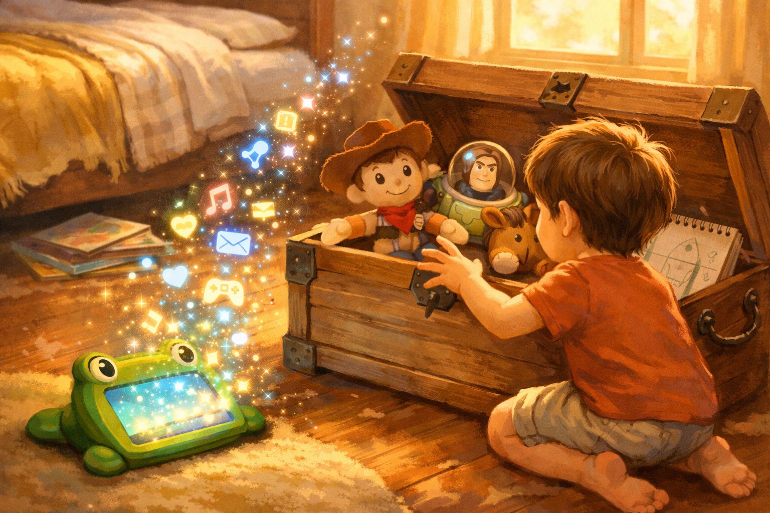 Criança brincando com baú de brinquedos e tablet em formato de sapo emitindo ícones digitais mágicos.