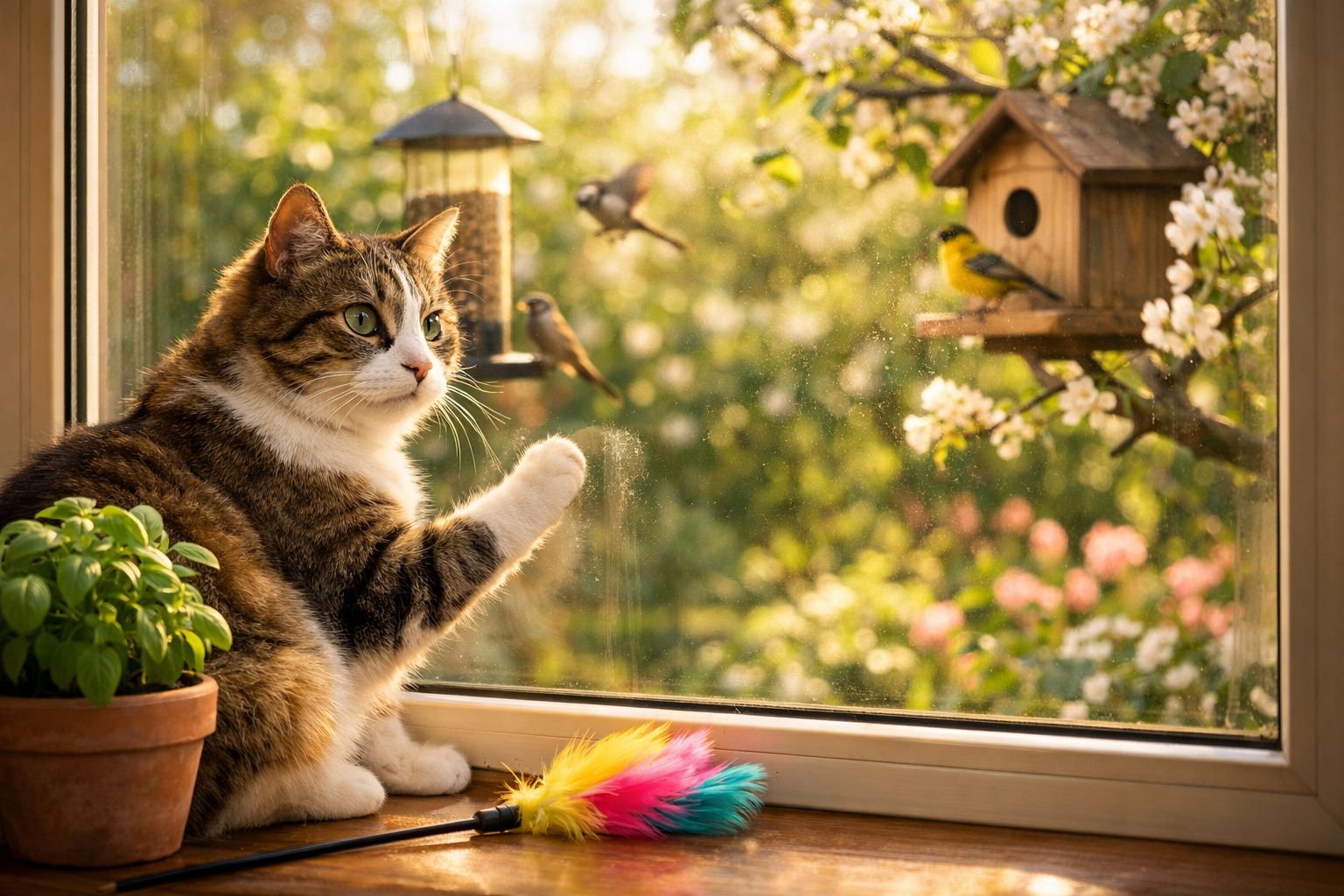 Gato branco e cinza olhando pela janela, com pássaros do lado de fora e planta em vaso ao lado.