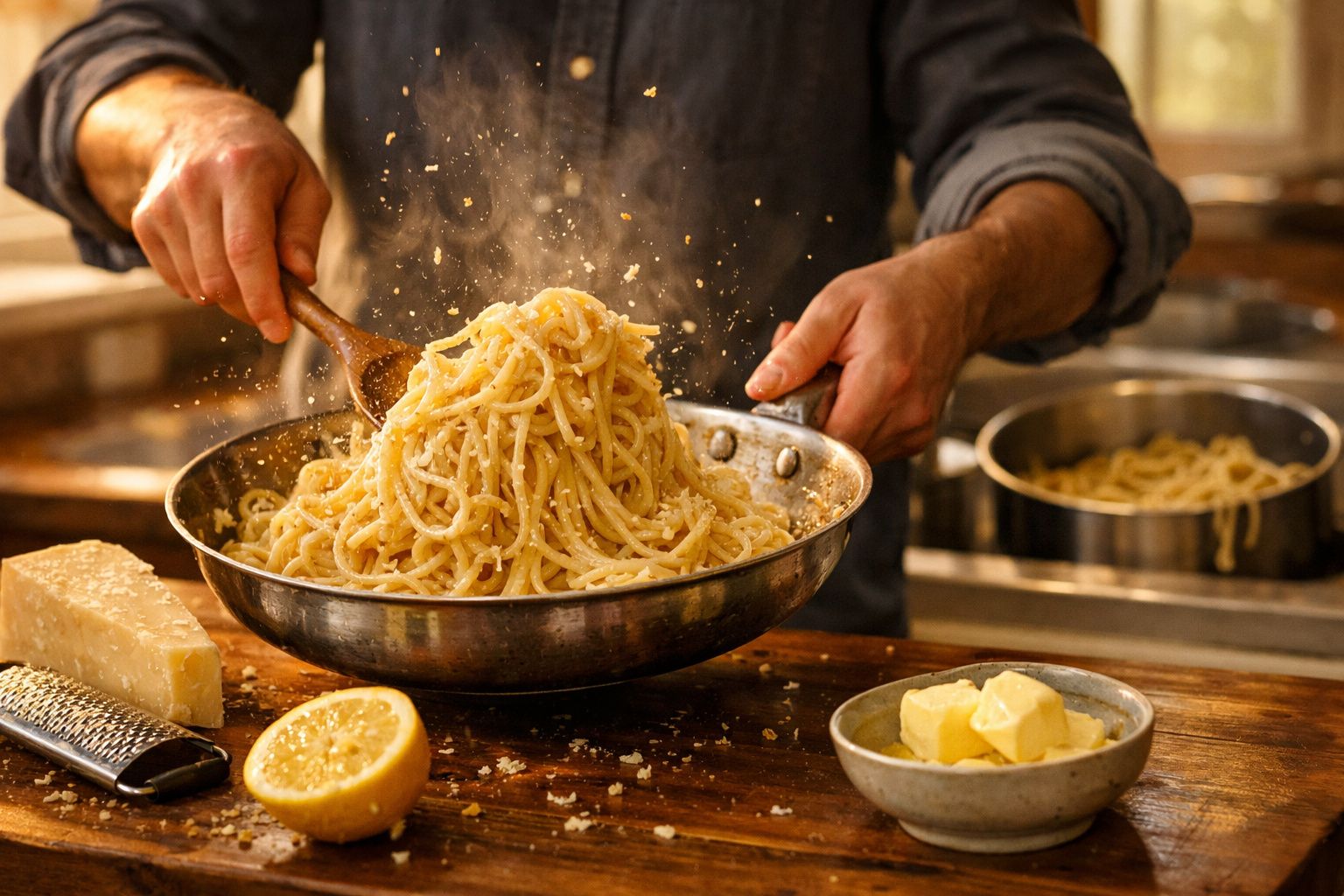 Pessoa mexendo espaguete em frigideira com queijo ralado, limão e manteiga sobre mesa de madeira.