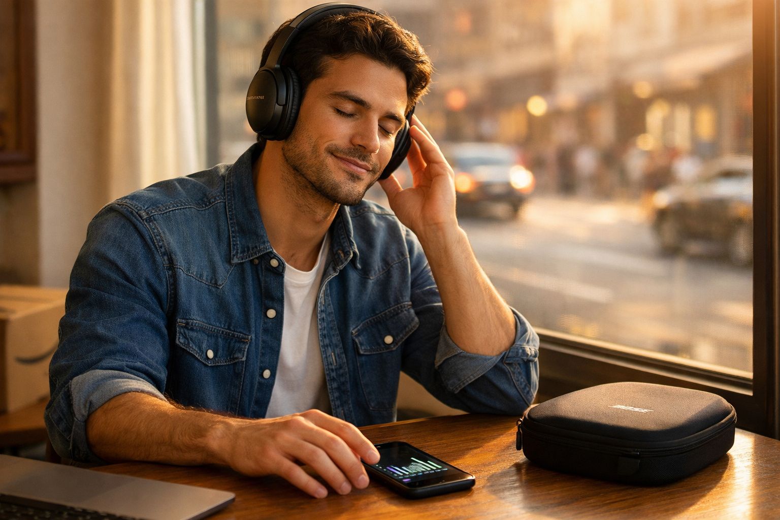Homem sentado perto da janela ouvindo música com fones e controlando som no celular.