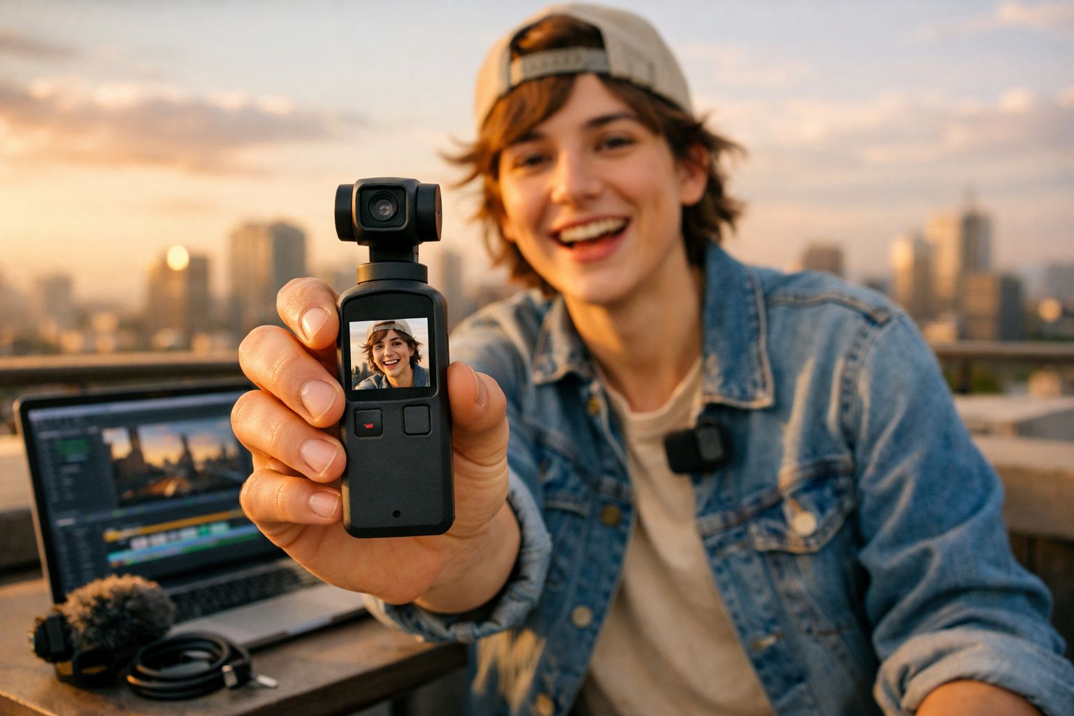 Jovem sorridente segurando câmera portátil em local urbano durante o pôr do sol.