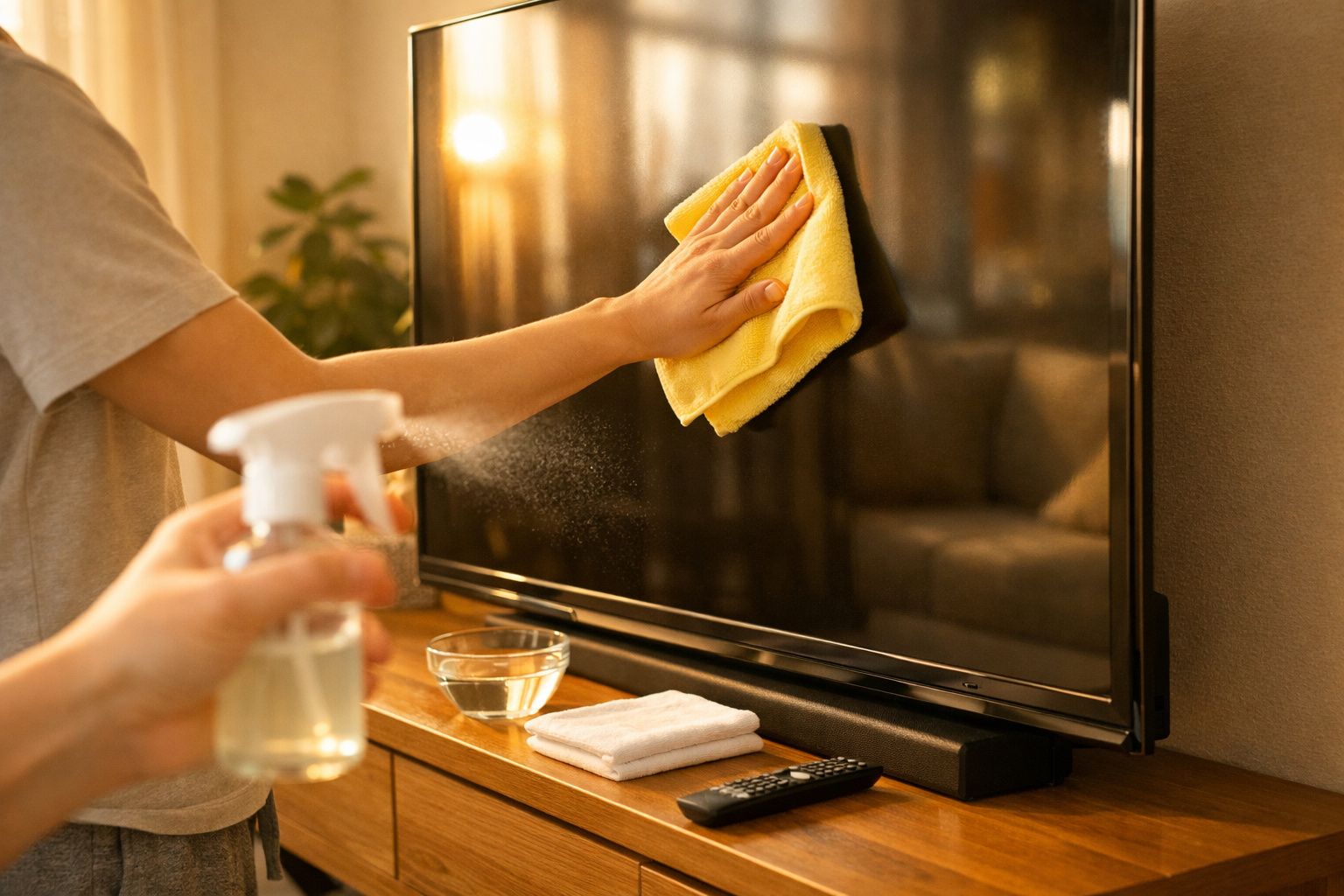 Pessoa limpando a tela da TV com pano amarelo e spray em ambiente com luz natural.