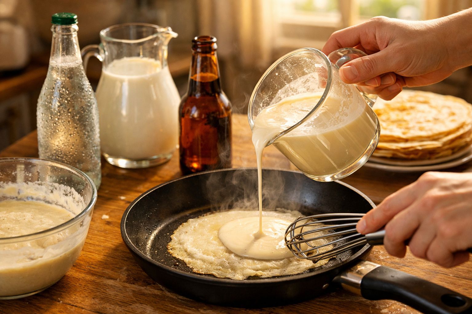 Mãos despejando massa para panqueca em frigideira com ingredientes ao fundo sobre mesa de madeira.
