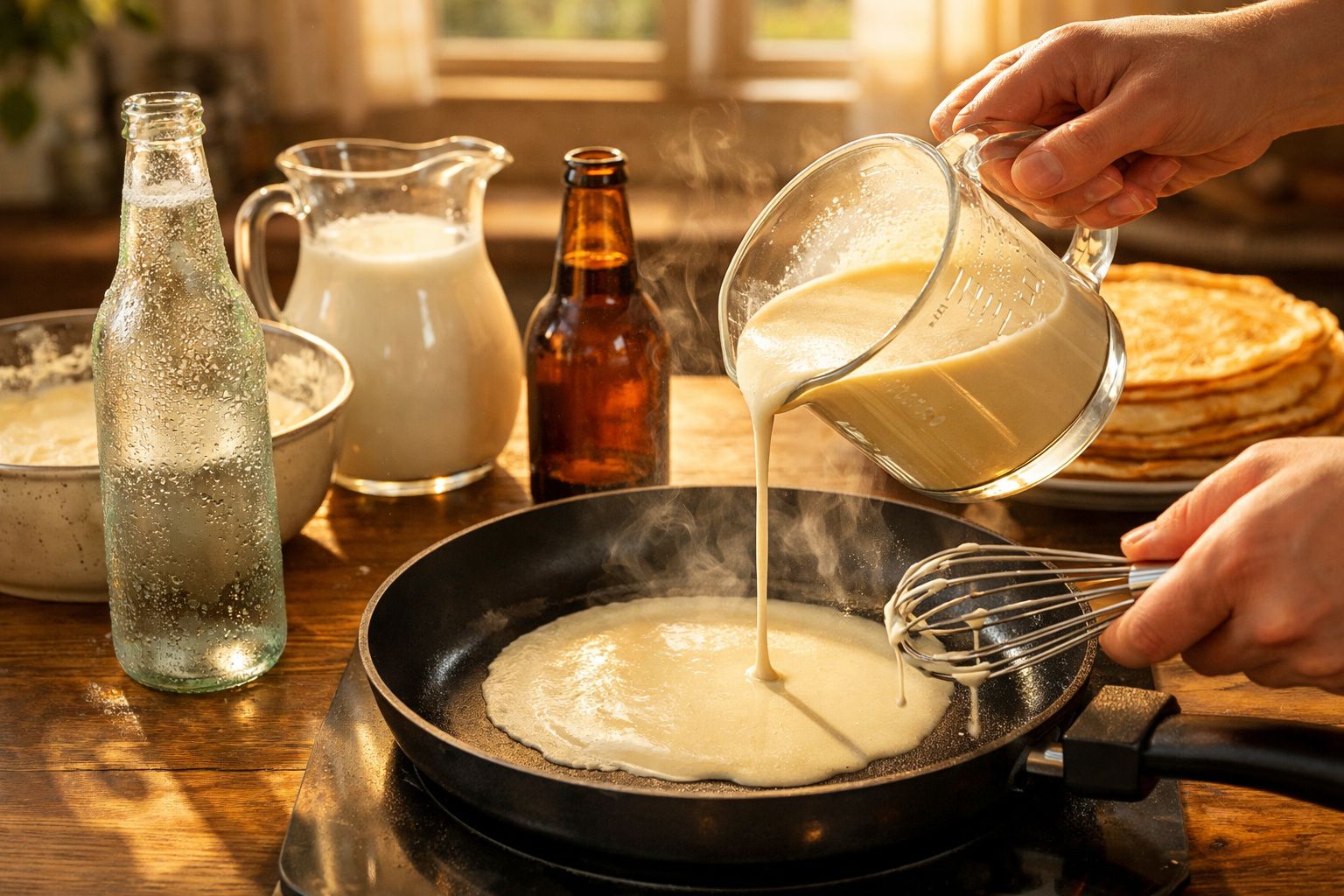 Massa sendo despejada em frigideira quente para fazer panquecas, com ingredientes e panquecas ao fundo.