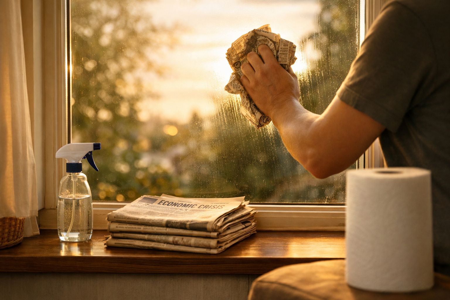 Pessoa limpando a janela com jornal, borrifador de água e papel toalha sobre o parapeito ao pôr do sol.