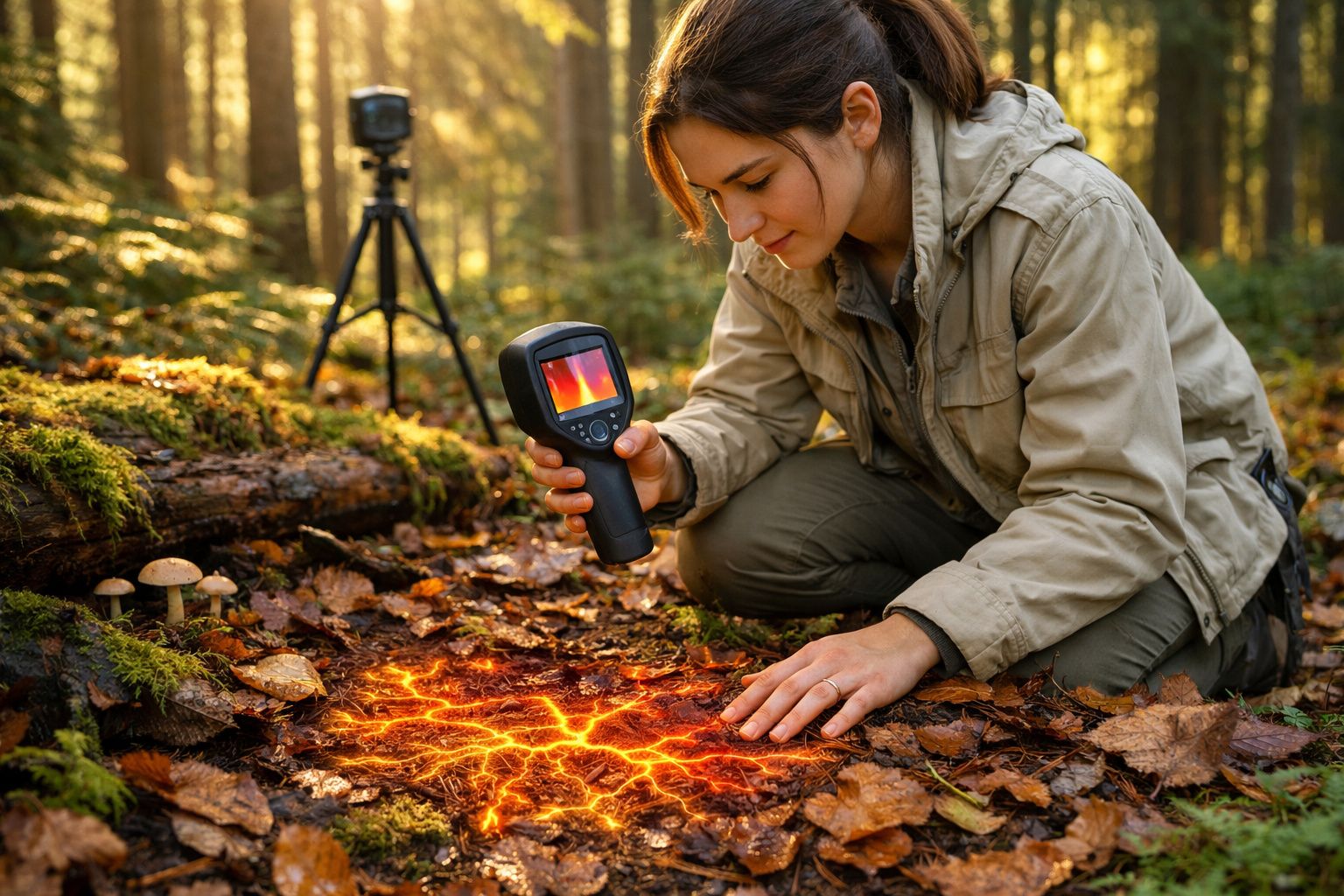 Mulher usando câmera termográfica para analisar solo com rachaduras e lava em floresta.
