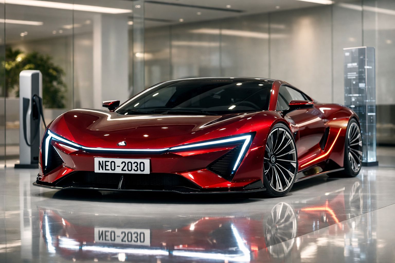 Carro esportivo elétrico vermelho brilhante estacionado em ambiente interno moderno, com carregador ao fundo.