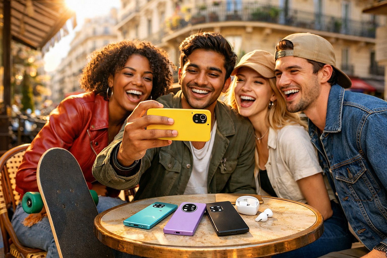Quatro amigos sorrindo fazem selfie com celular amarelo em café ao ar livre, três celulares e fones na mesa.