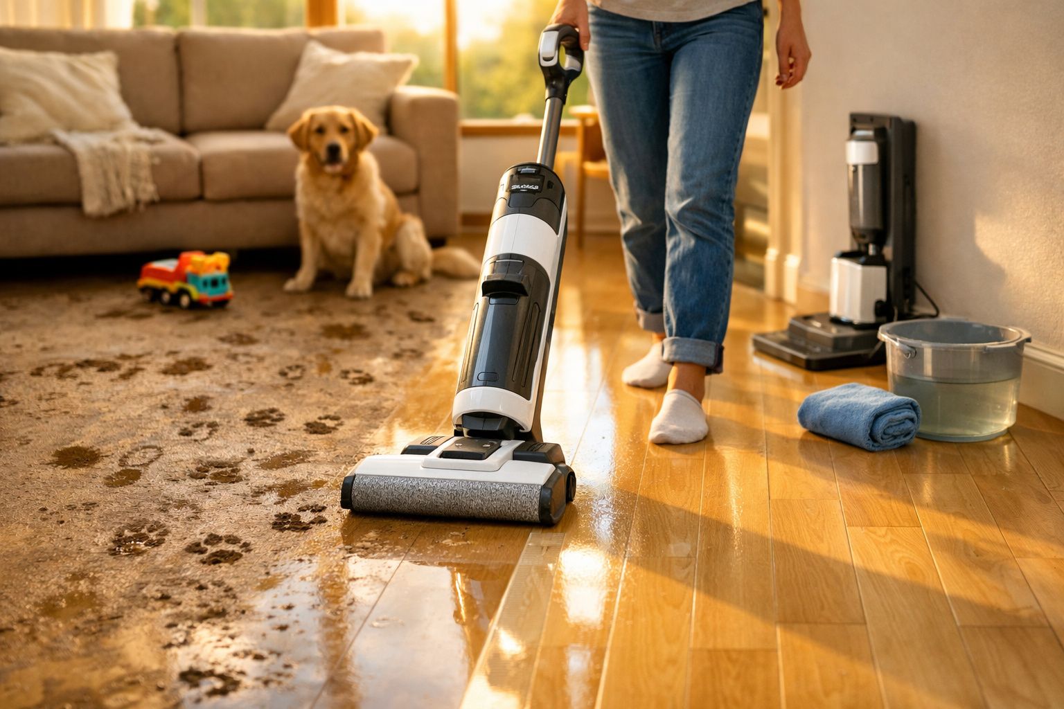Pessoa usando aspirador para limpar pegadas de lama no chão de madeira, com cachorro ao fundo.