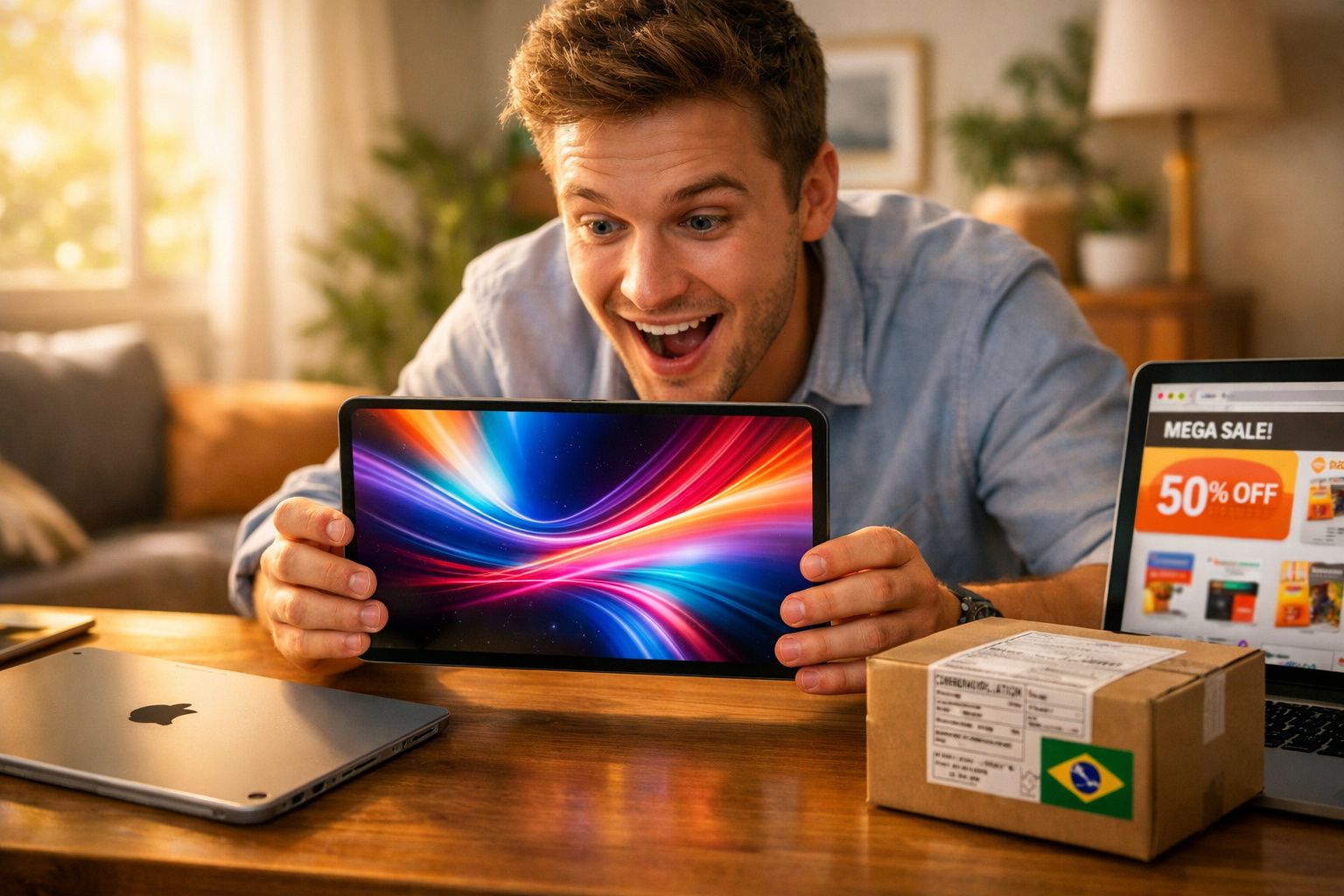 Homem surpreso segurando tablet com tela colorida, notebook e caixa com selo do Brasil na mesa.