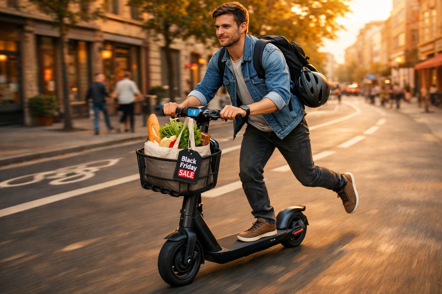 Homem jovem andando de patinete elétrico com mochila e cesta cheia de compras na cidade ao pôr do sol.