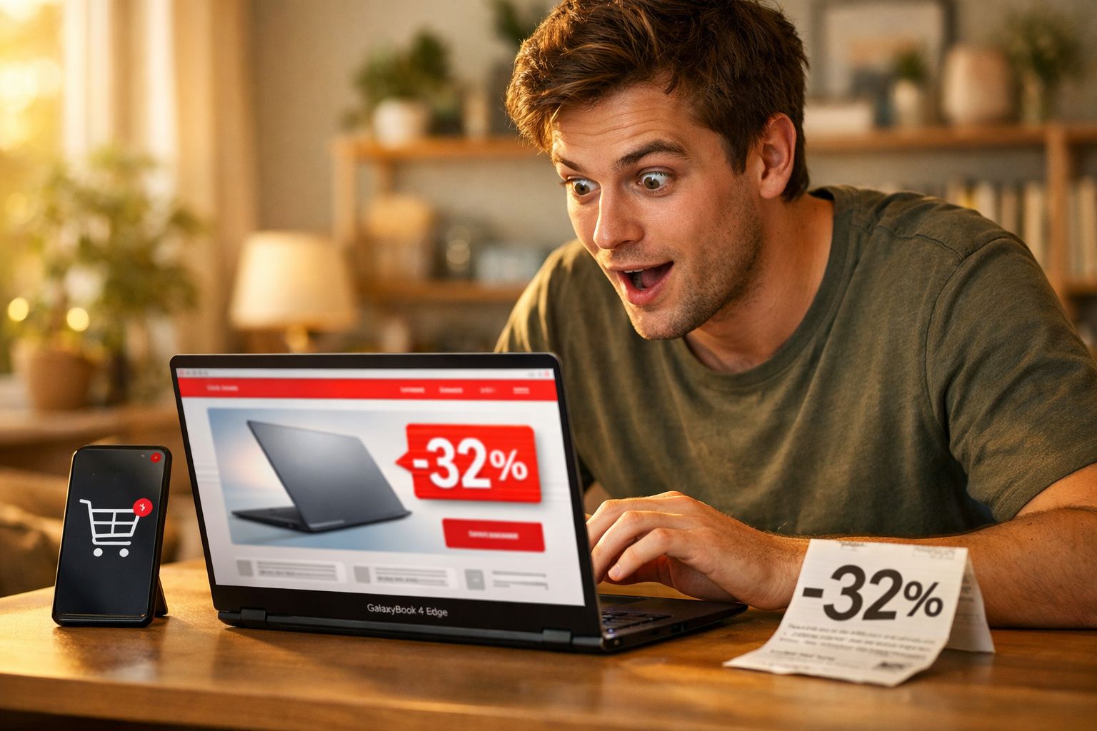 Jovem surpreso vendo laptop com desconto de 32% no site, celular e cupom à mesa em ambiente aconchegante.