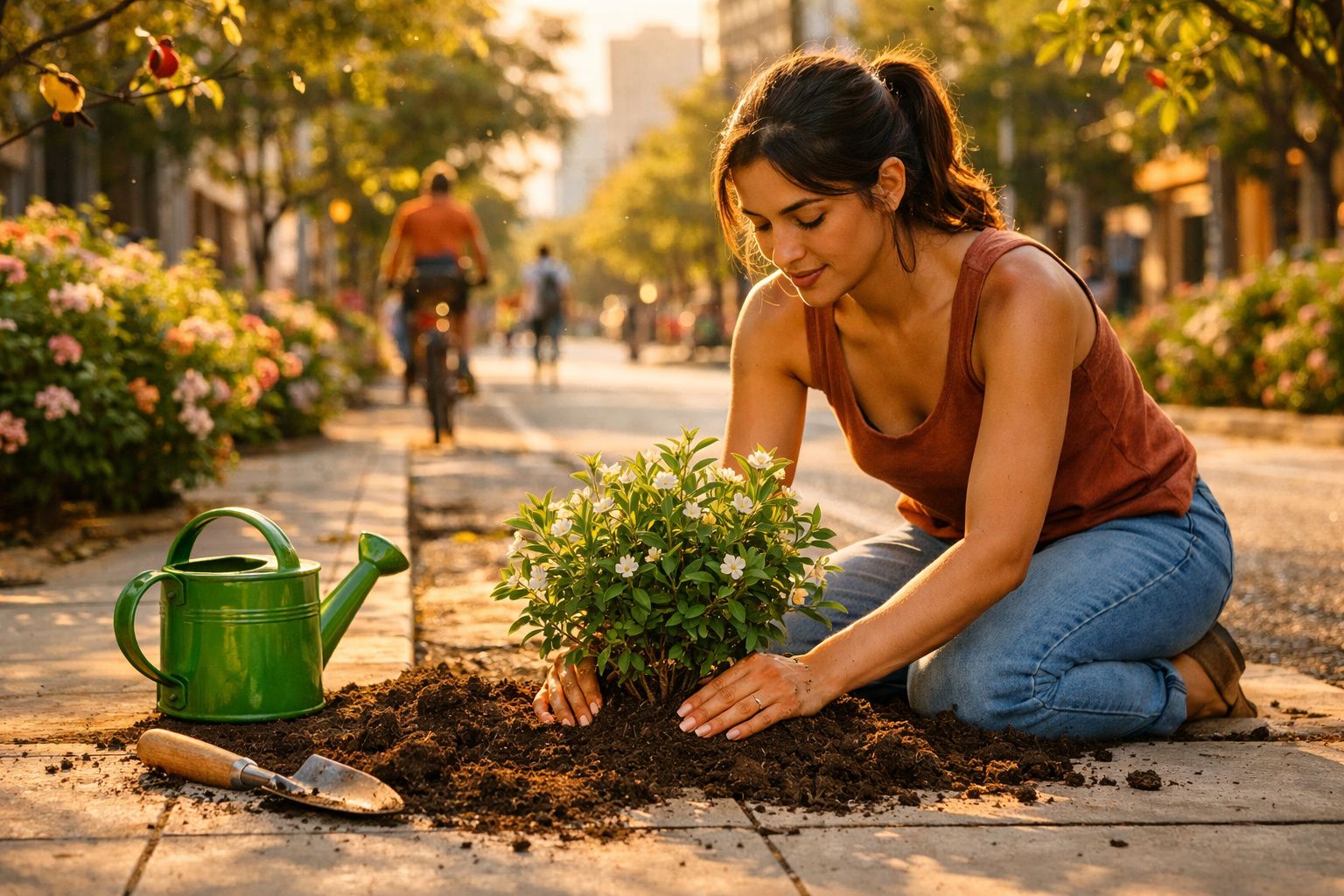 Mulher plantando arbusto florido em calçada urbana ao entardecer, com regador e pá ao lado.