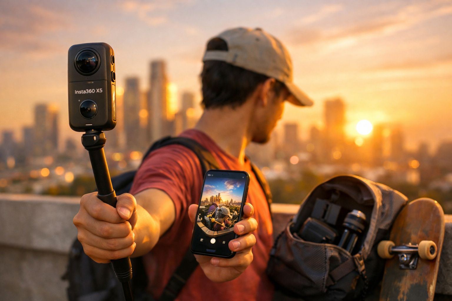 Homem com boné segurando câmera Insta360 X5 em bastão e celular, com skate e mochila ao pôr do sol.