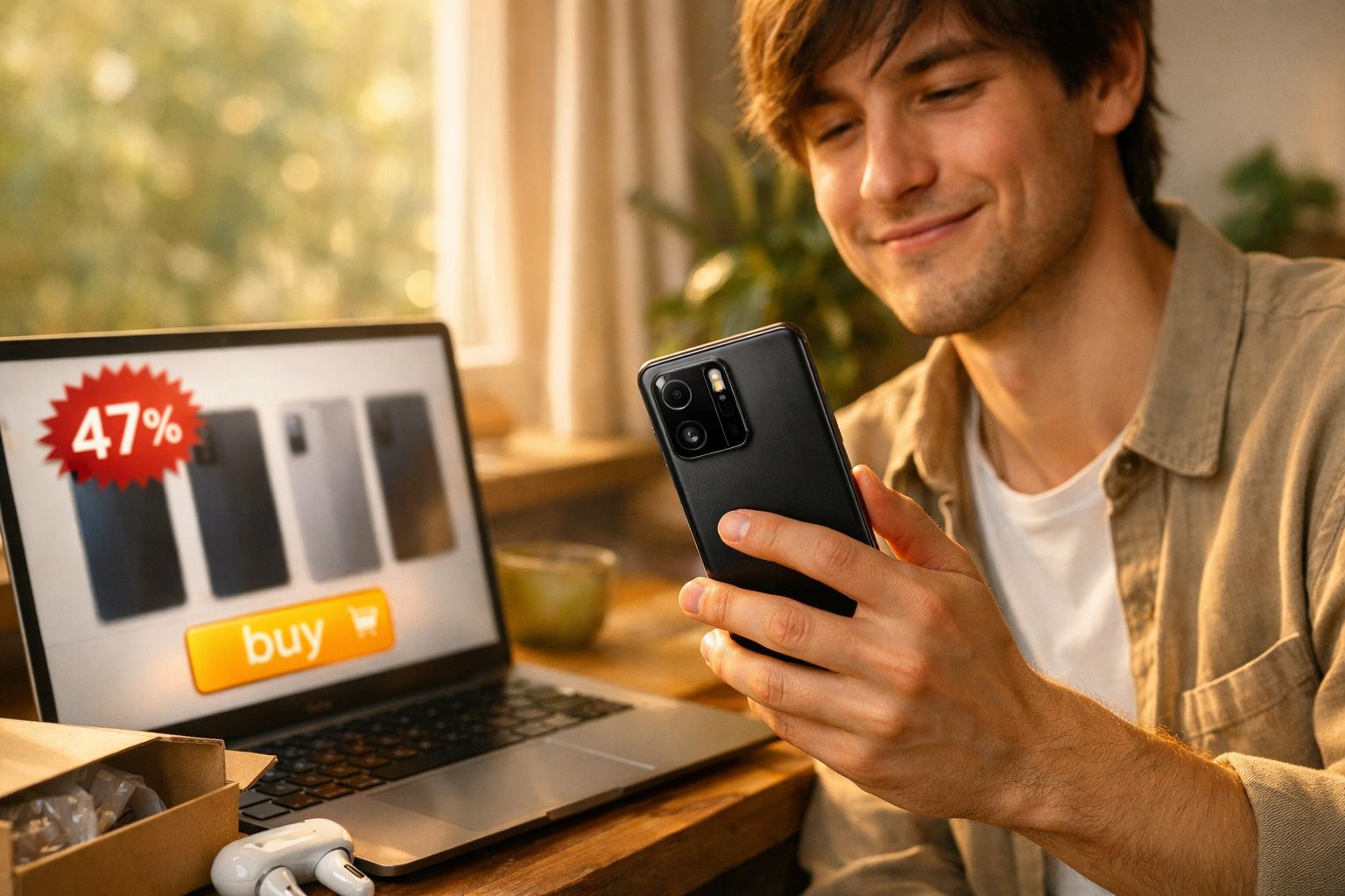 Homem sorrindo enquanto segura smartphone e acessa site de descontos em laptop.