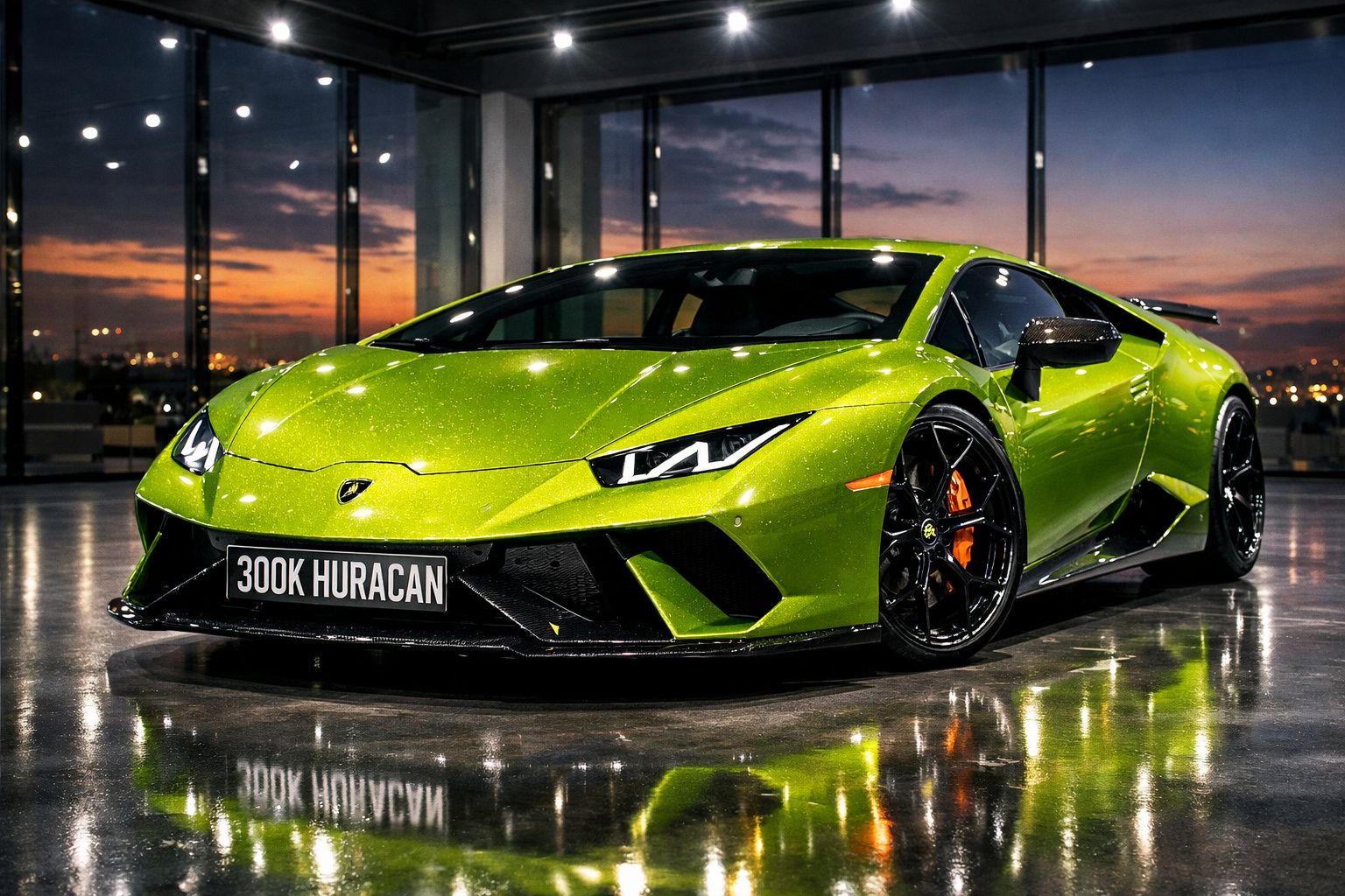 Carro esportivo Lamborghini Huracán verde com faróis ligados em ambiente interno ao pôr do sol.