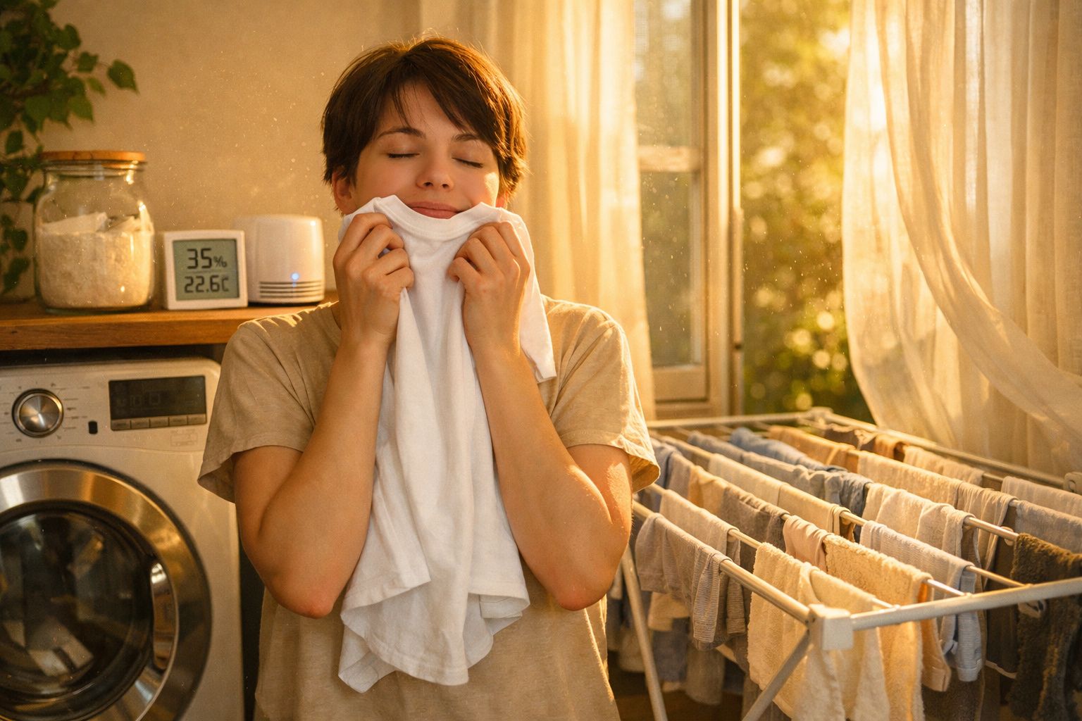 Pessoa cheirando roupa branca recém-lavada em lavanderia com máquina e varal ao fundo.