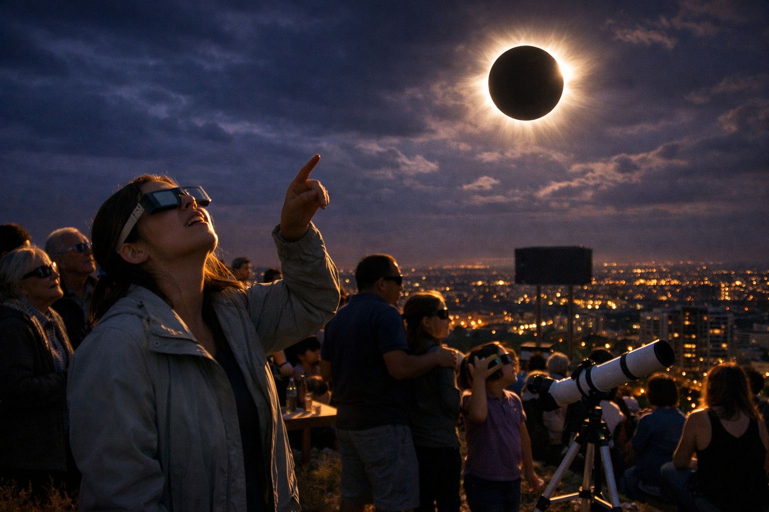 Pessoas usando óculos especiais observam eclipse solar total no céu ao entardecer em área urbana.