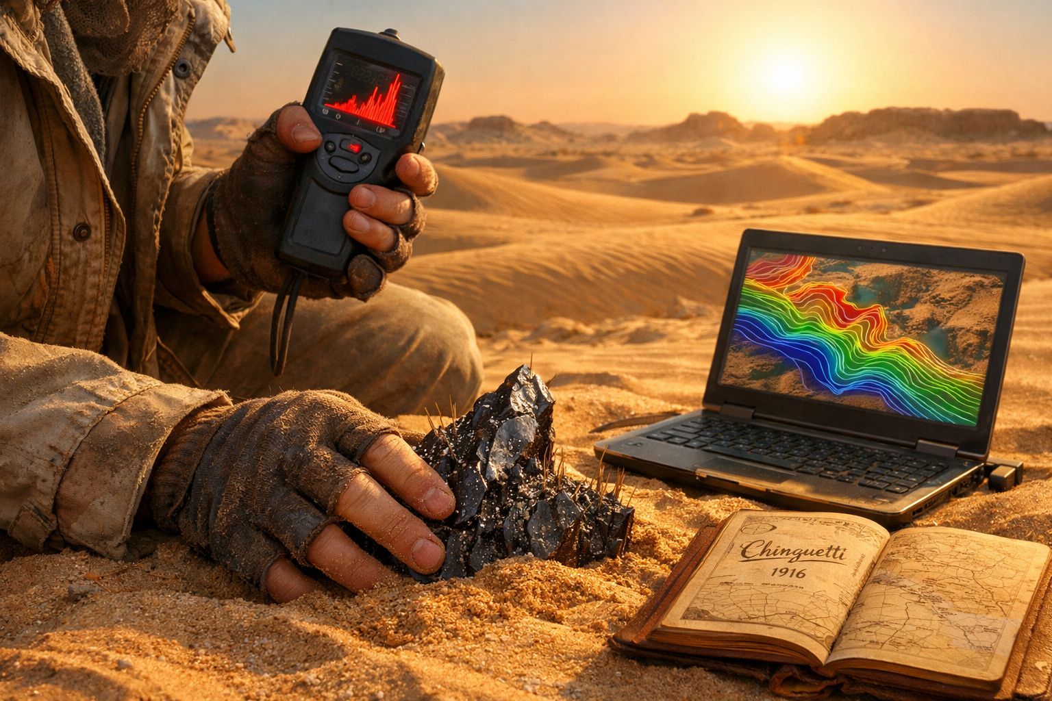 Pessoa em roupas sujas segura pedaço de rocha no deserto, com laptop exibindo mapa colorido e caderno aberto.