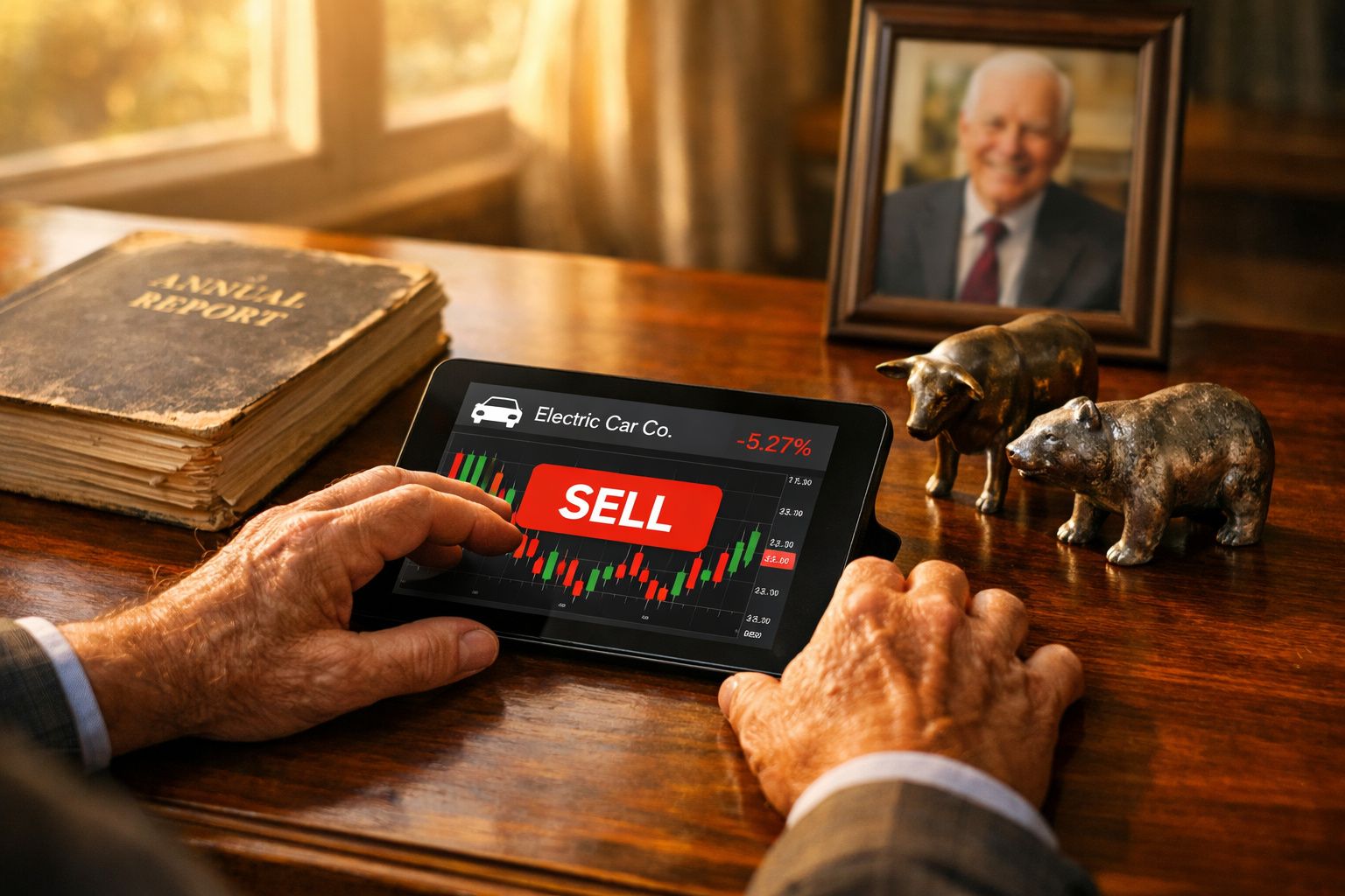 Pessoa idosa com tablet mostrando gráfico de ações da Electric Car Co e botão de venda em mesa de madeira.