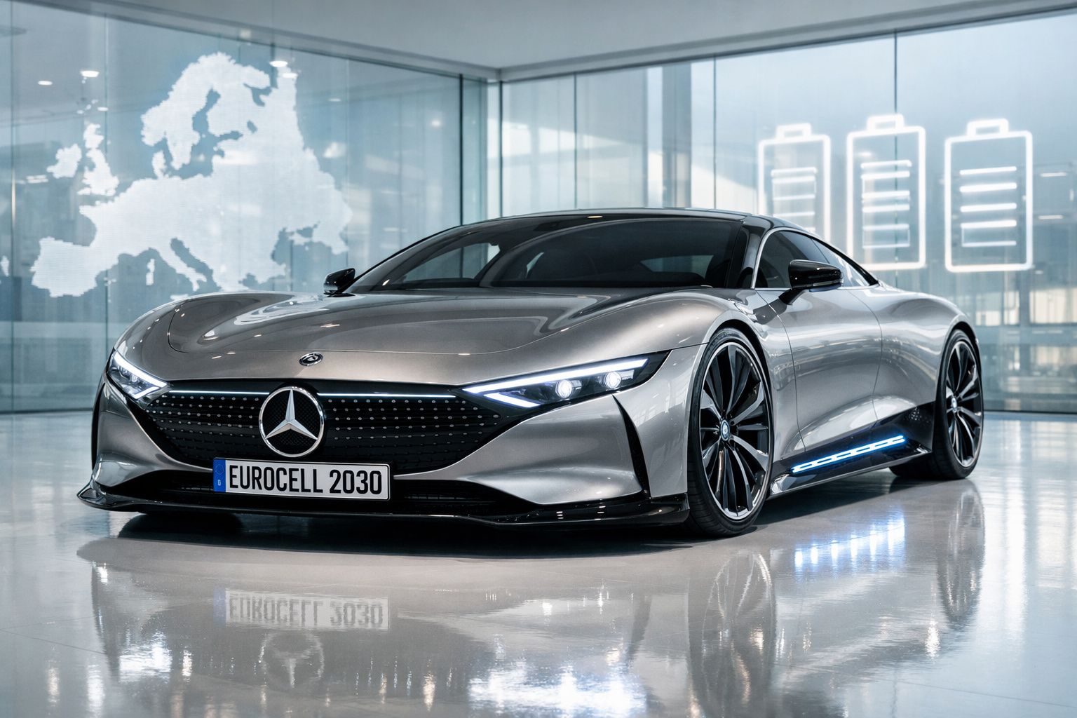 Carro esportivo elétrico prata com placa Eurocell 2030 em ambiente moderno com mapa da Europa ao fundo.