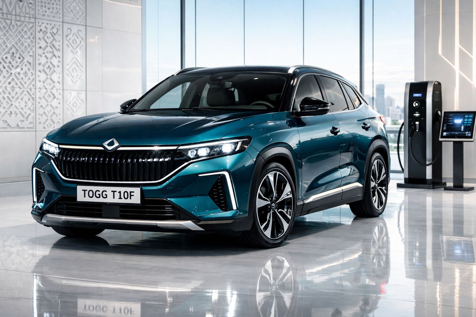 Carro elétrico SUV azul modelo TOGG T10F estacionado em showroom com carregador ao fundo.