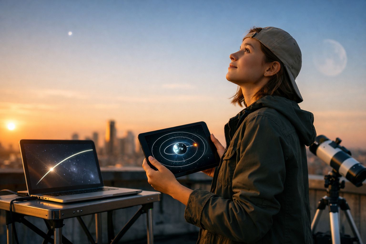 Jovem com boné segurando tablet com modelo do sistema solar, laptop e telescópio ao pôr do sol.