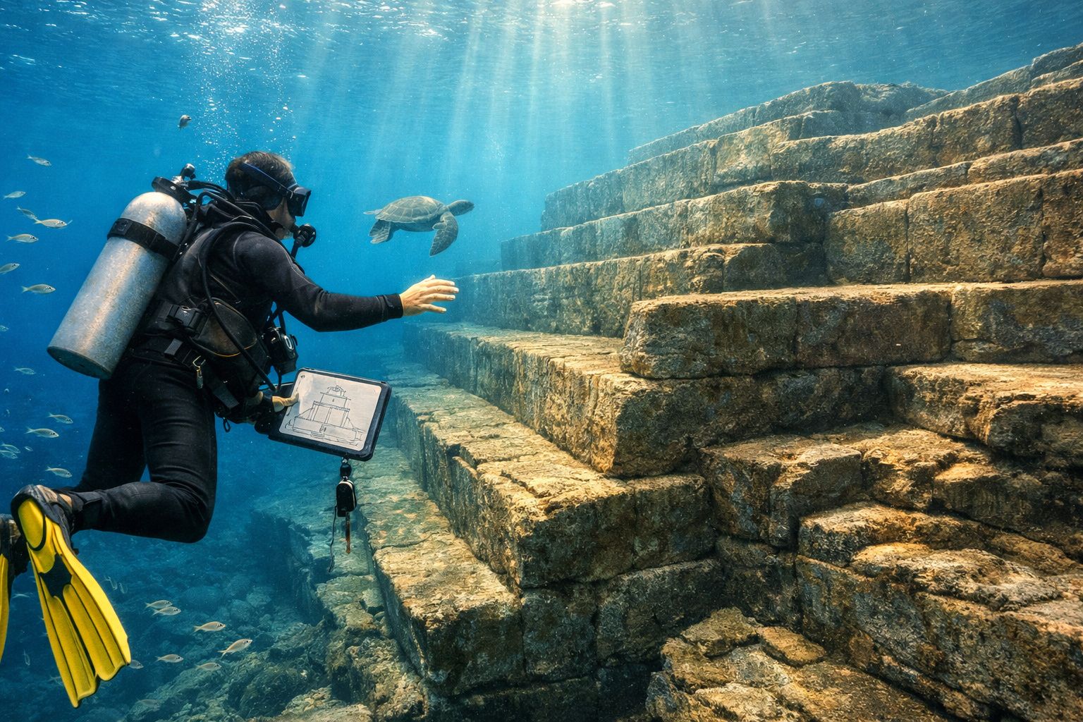Mergulhador explorando ruínas subaquáticas em escadaria de pedra com tartaruga marinha e peixes ao redor.