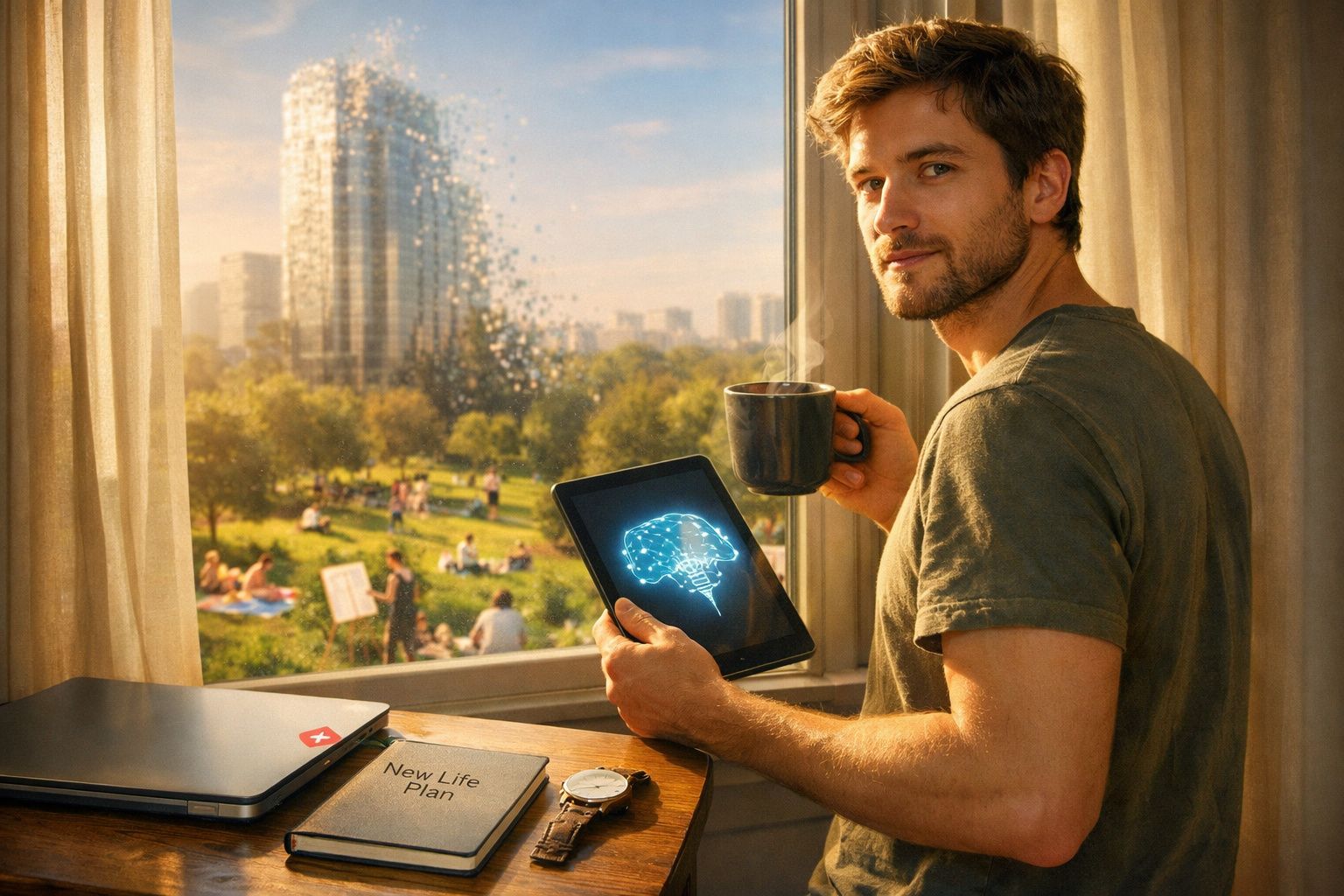 Homem sentado à janela segurando caneca e tablet com imagem digital de cérebro, ao fundo parque e prédio moderno.