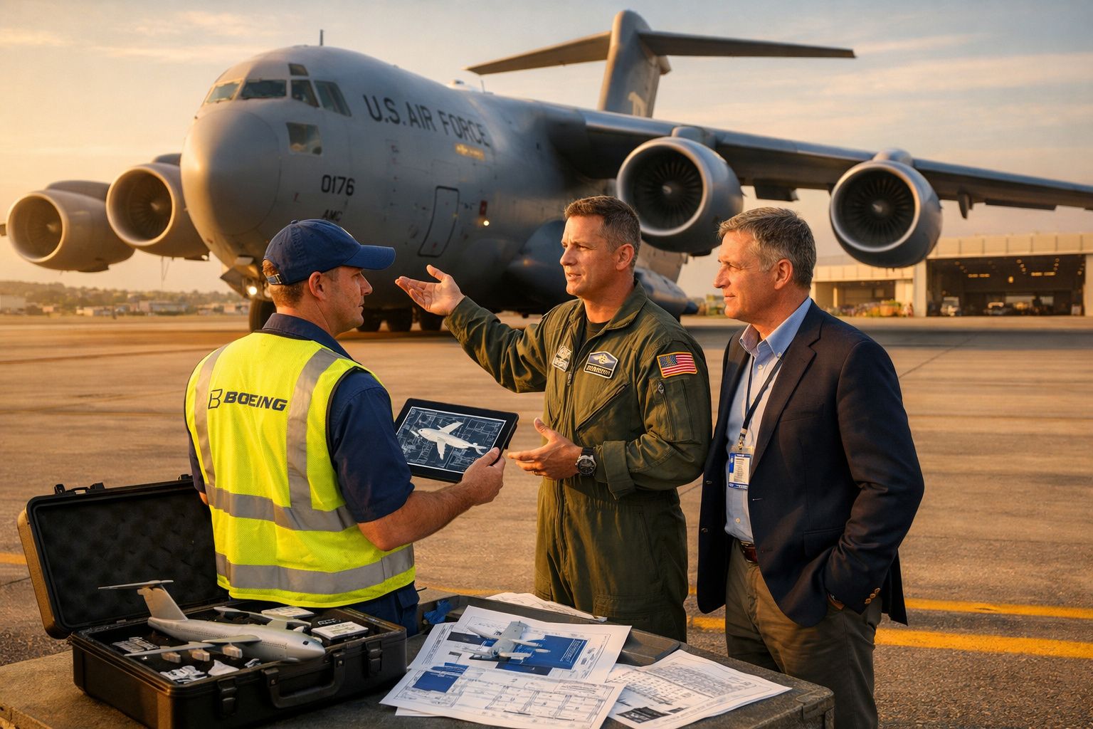 Três homens conversam próximo a um avião militar da Força Aérea dos EUA em um aeroporto ao entardecer.