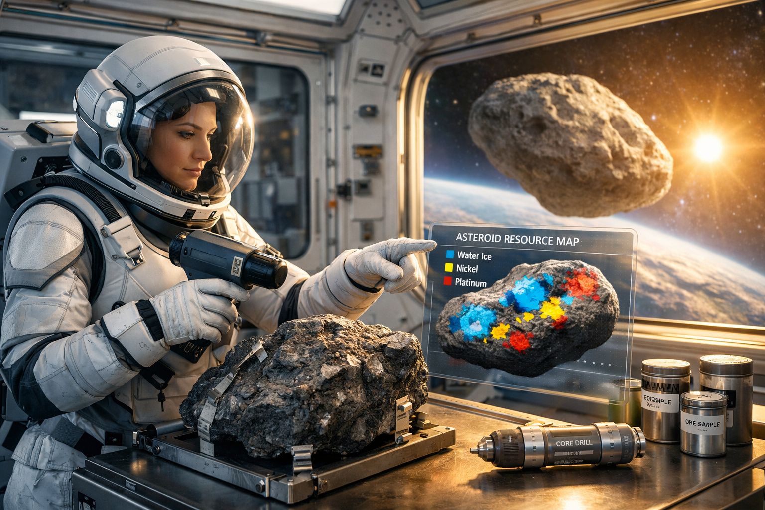 Astronauta mulher analisando um asteroide com mapa holográfico de recursos minerais no espaço.