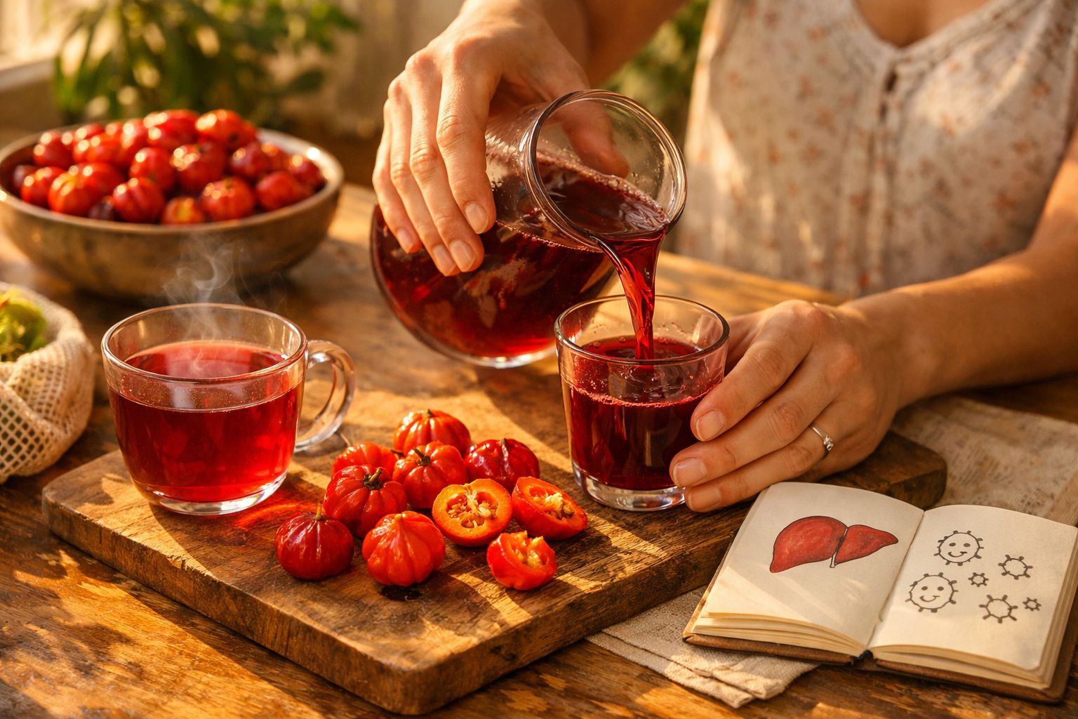 Pessoa servindo suco vermelho de acerola em copo, com frutas e livro ilustrado sobre fígado sobre mesa de madeira.