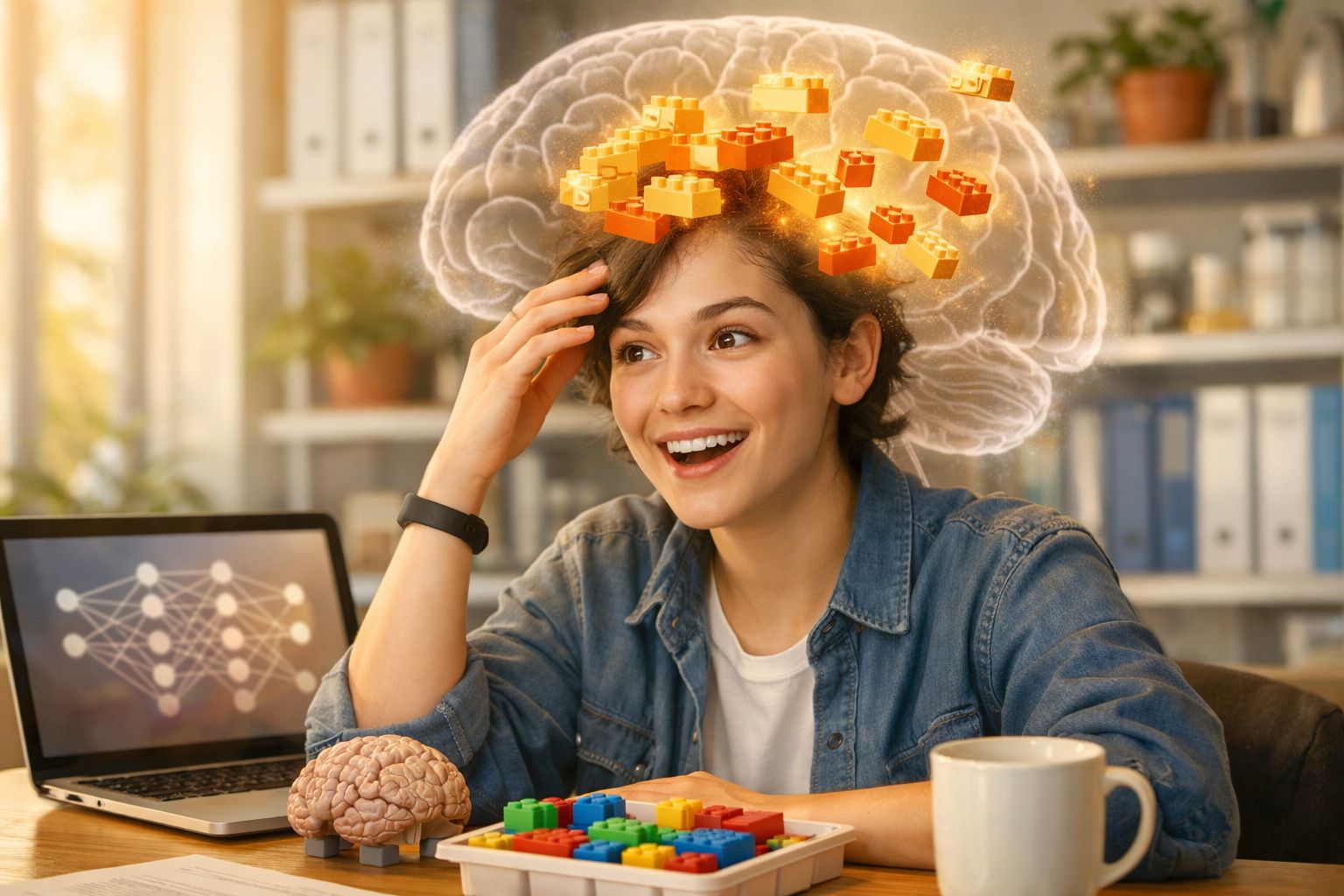 Mulher sorridente com peças de montar sobrepostas à cabeça, representando construção do cérebro e criatividade.