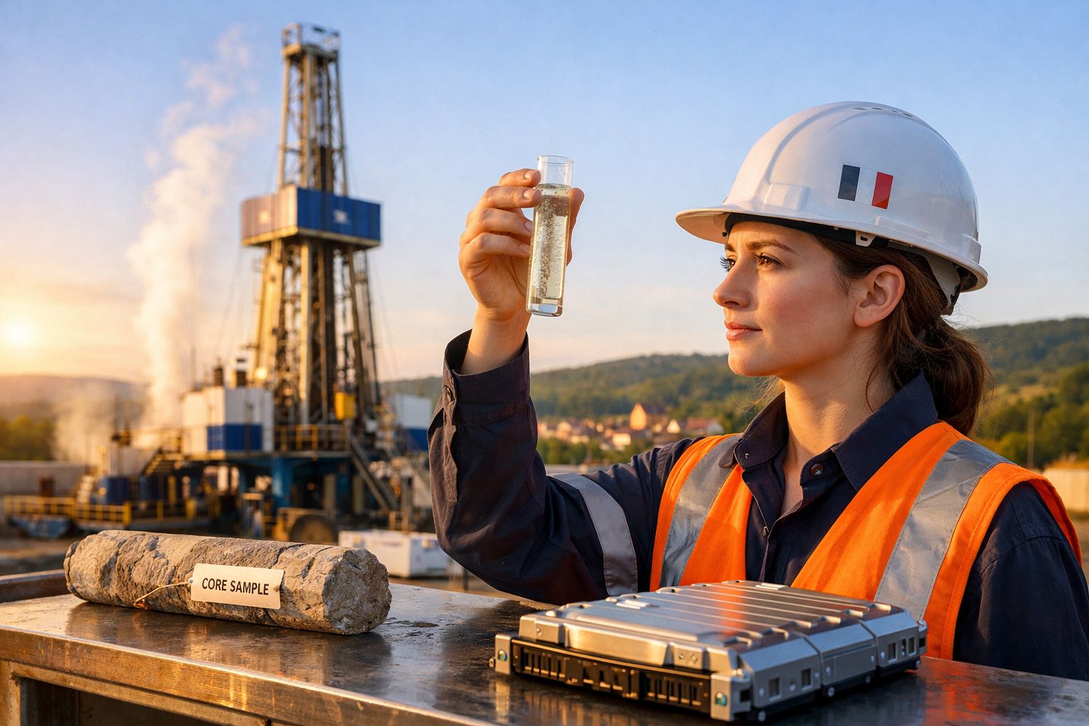 Mulher com capacete e colete laranja segura amostra de líquido em campo de perfuração ao pôr do sol.