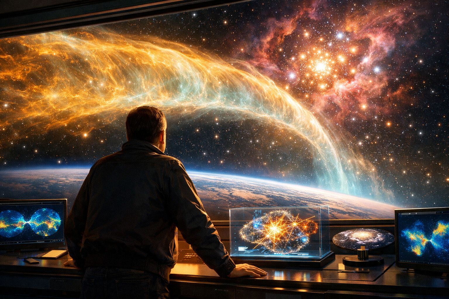 Pessoa observa estrelas brilhantes e galáxias coloridas em uma janela espacial com computadores à frente.