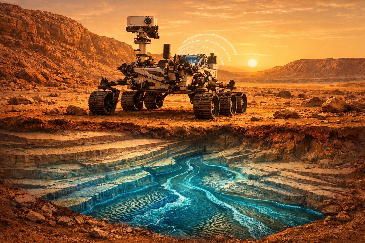 Rover explorando um terreno árido e rochoso em Marte com um rio azul luminoso em primeiro plano ao pôr do sol.