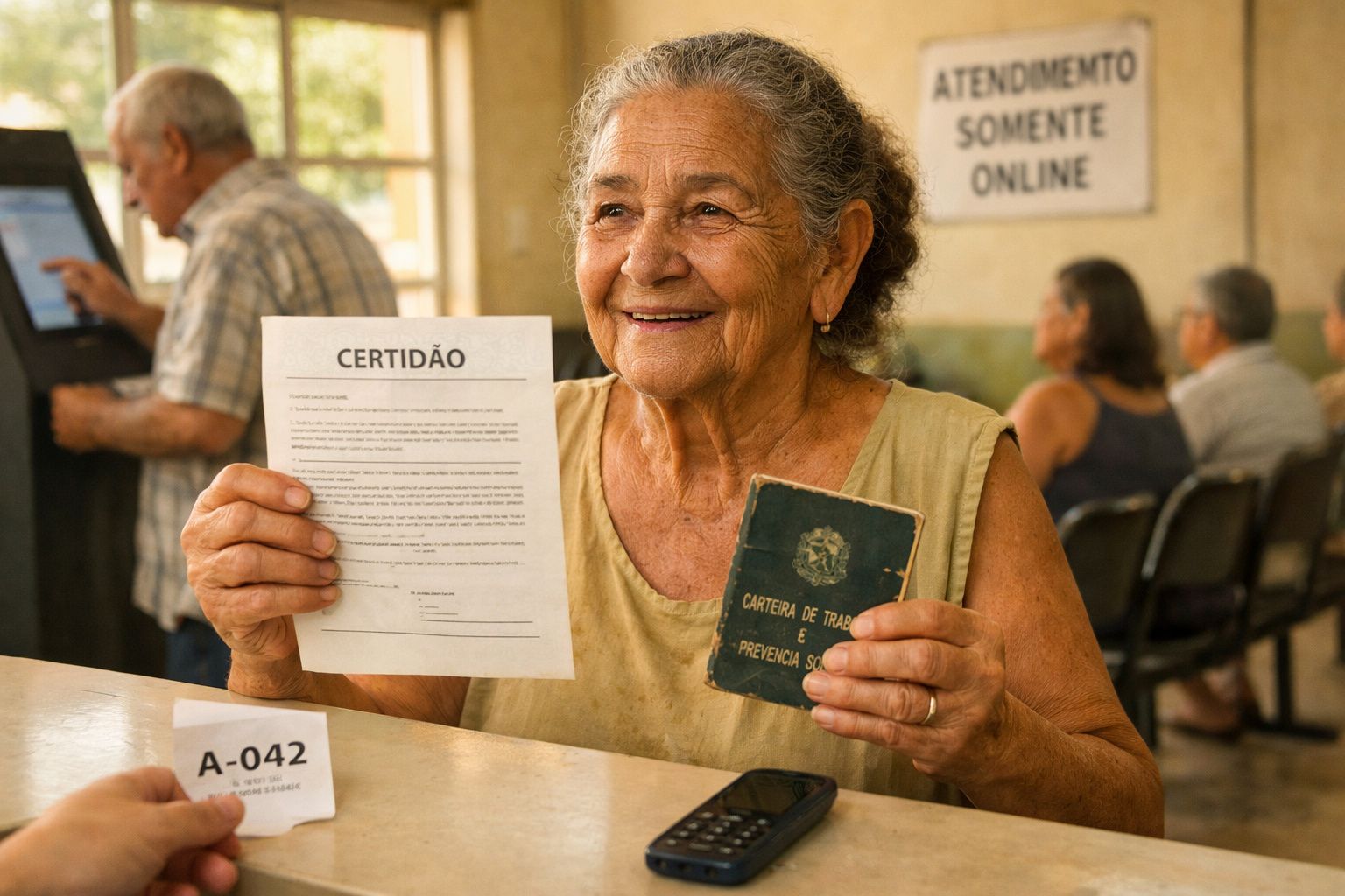 Idosa sorridente segura certidão e carteira de trabalho em fila de atendimento público.