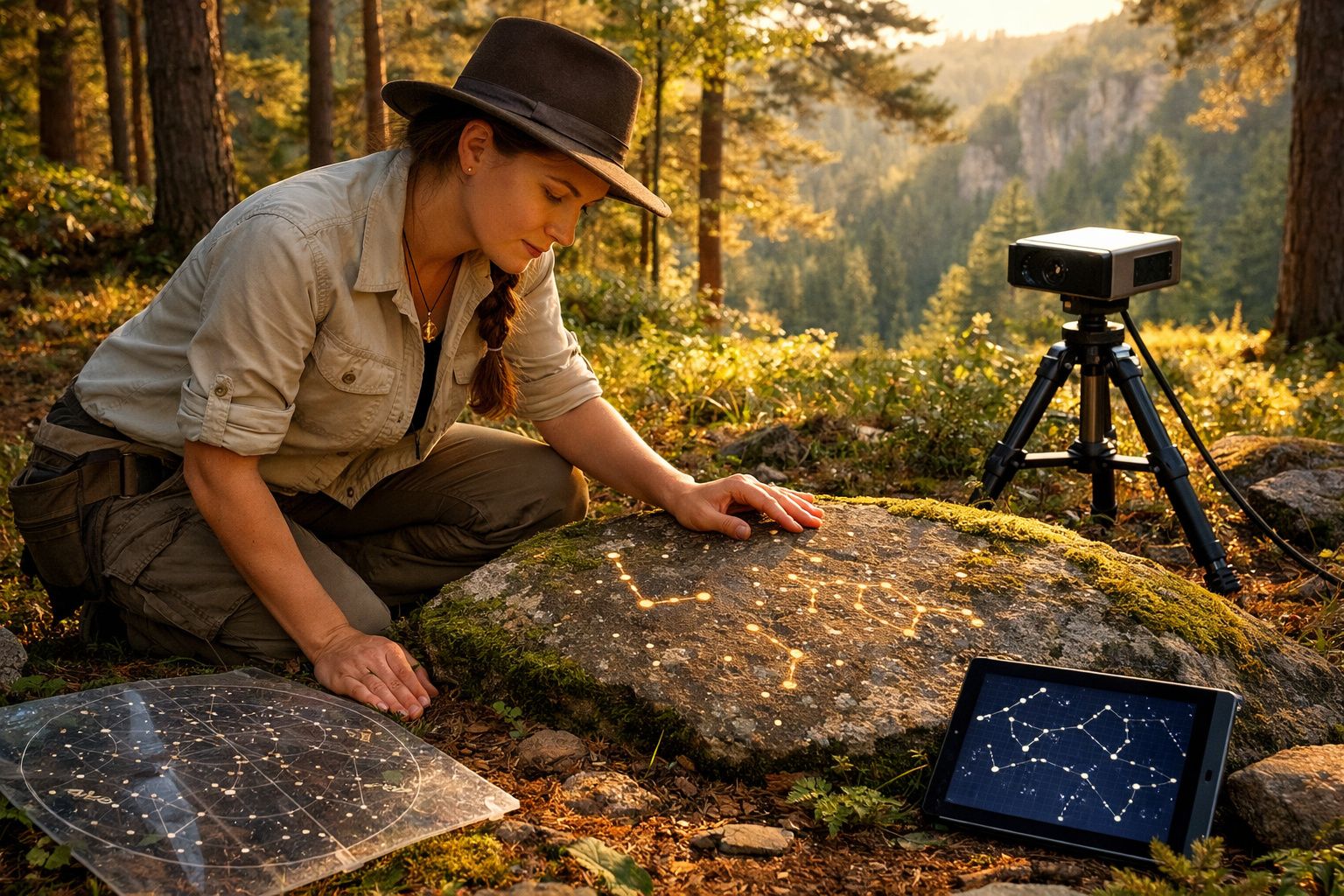 Mulher na floresta estudando constelações projetadas em uma pedra, com equipamentos tecnológicos ao redor.