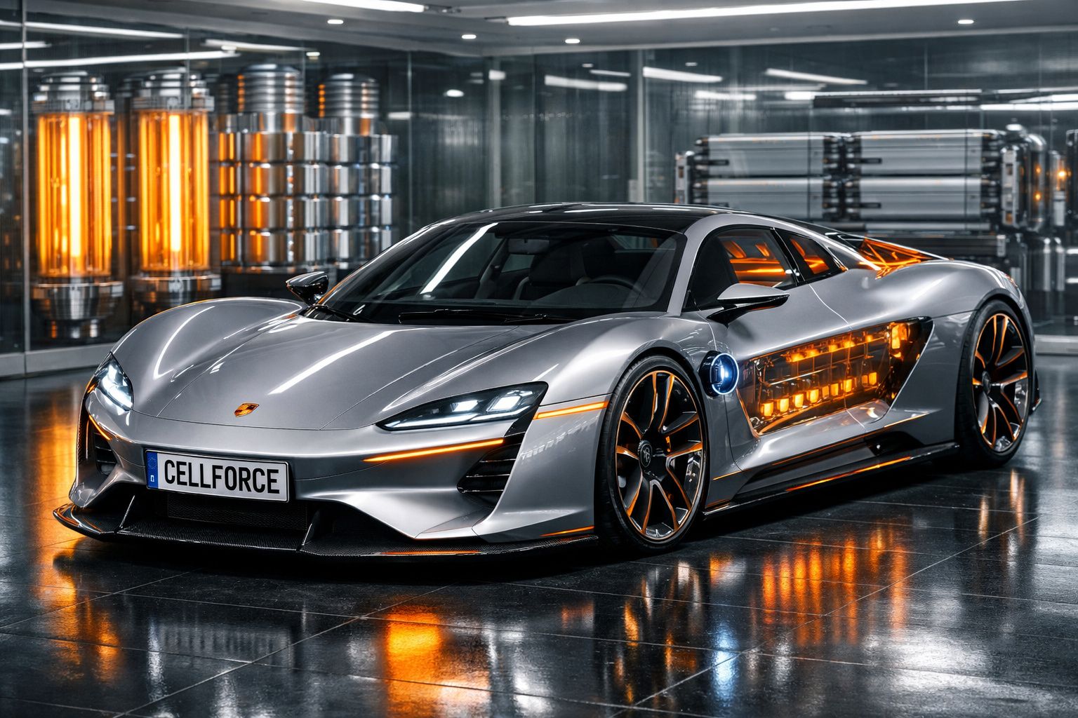 Carro esportivo prata futurista com luzes laranjas em ambiente industrial brilhante.