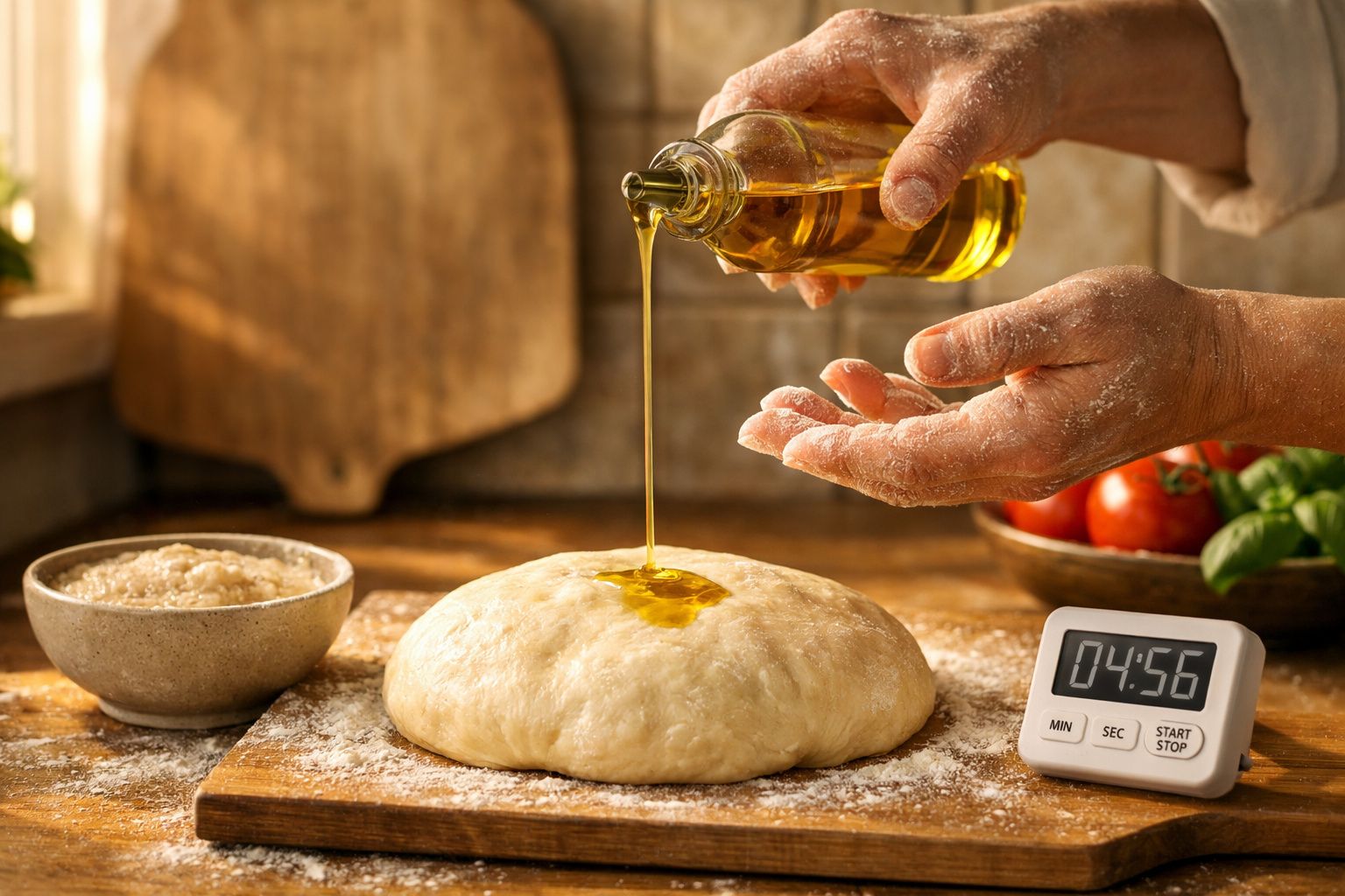 Mãos enfarinhadas derramando azeite sobre massa de pão com timer marcando 4:56 em bancada de madeira.