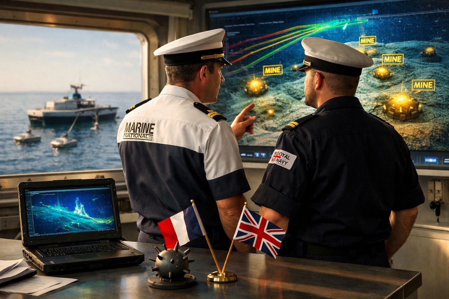 Dois oficiais navais observam mapa digital de minas marítimas, com bandeiras da França e Reino Unido na mesa.