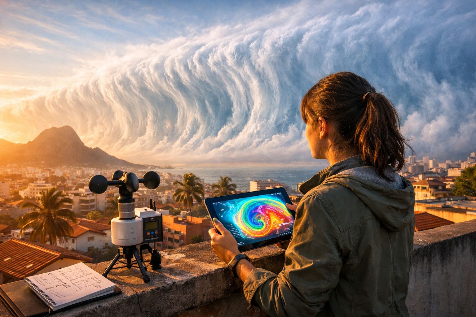 Mulher observa um tablet com imagem colorida do tempo enquanto nuvem enorme se aproxima da cidade ao pôr do sol.