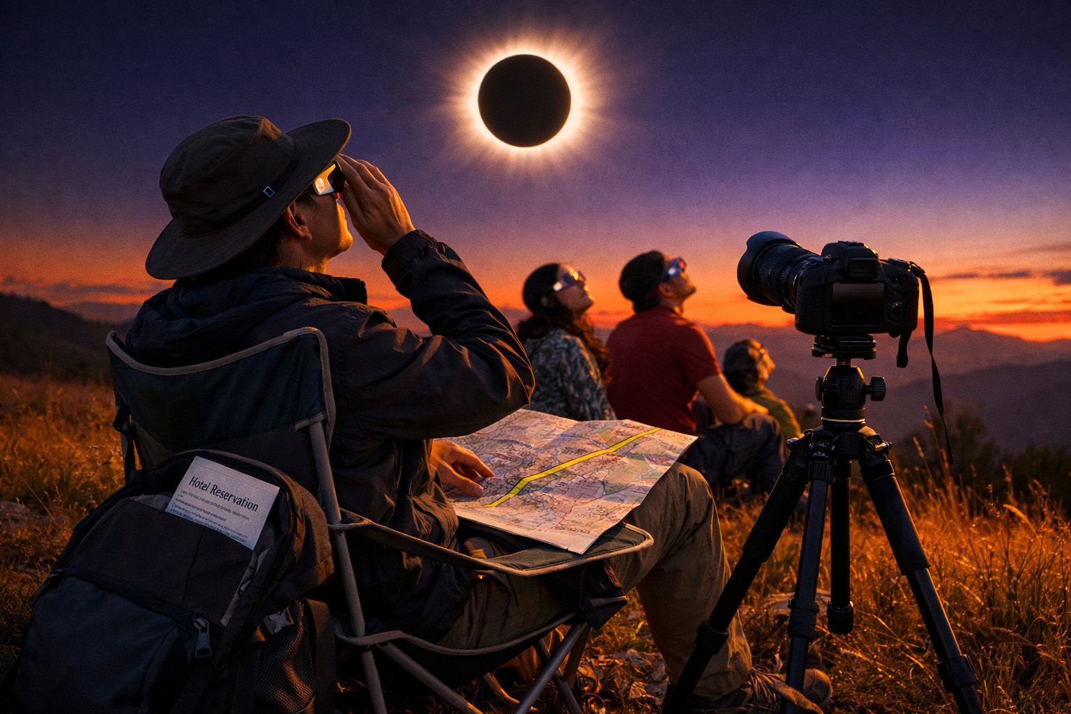 Grupo de pessoas usando óculos especiais observa eclipse solar ao pôr do sol, com câmera em tripé e mapa.