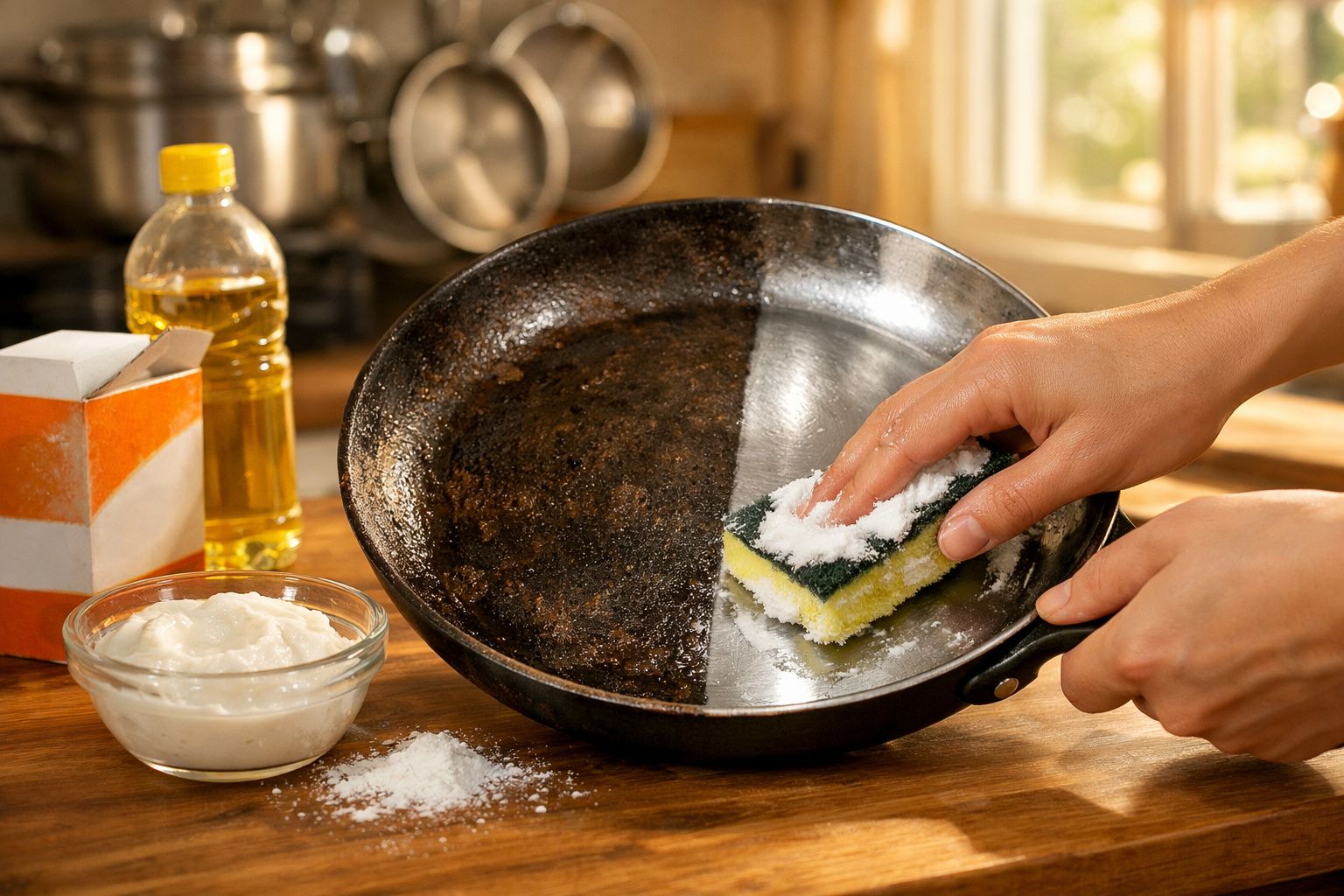 Pessoa limpando frigideira queimada com esponja, sal e ingredientes de limpeza em bancada de cozinha.